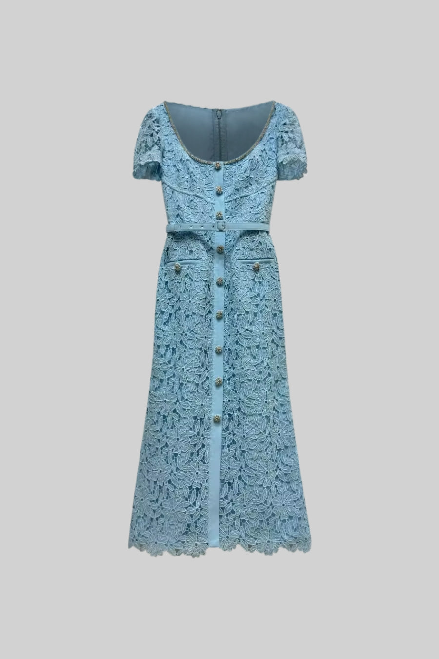 Vestido Midi de Renda Azul Delicada - Azul Bebé