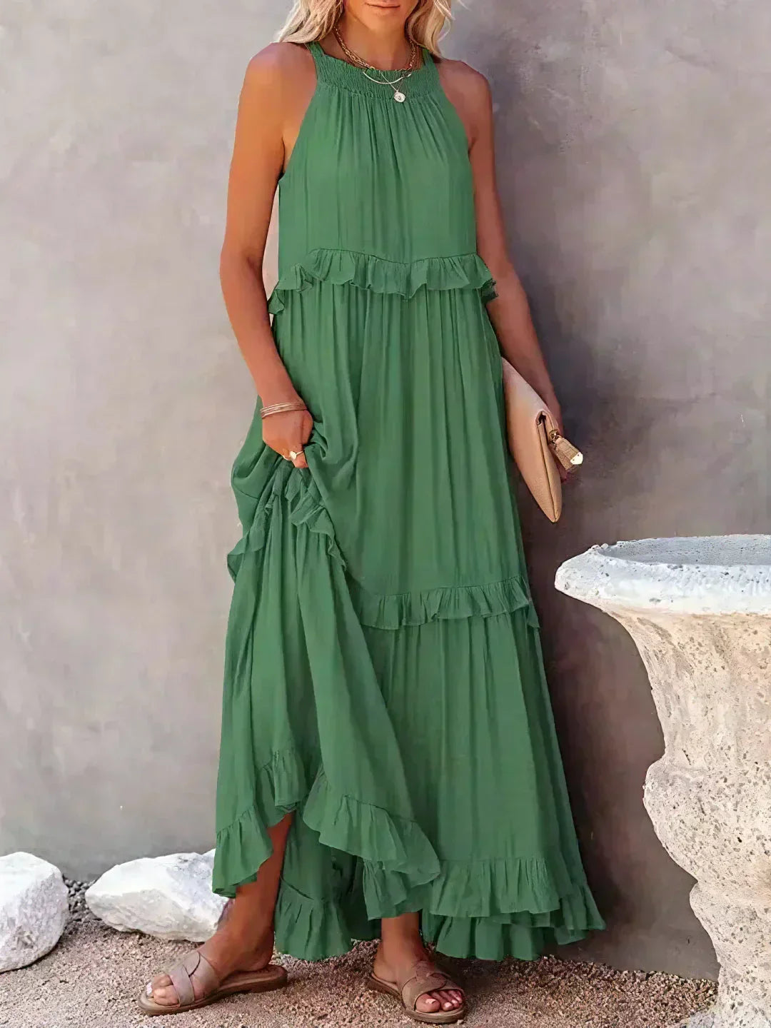 Sarah | Vestido longo com babados e alças finas