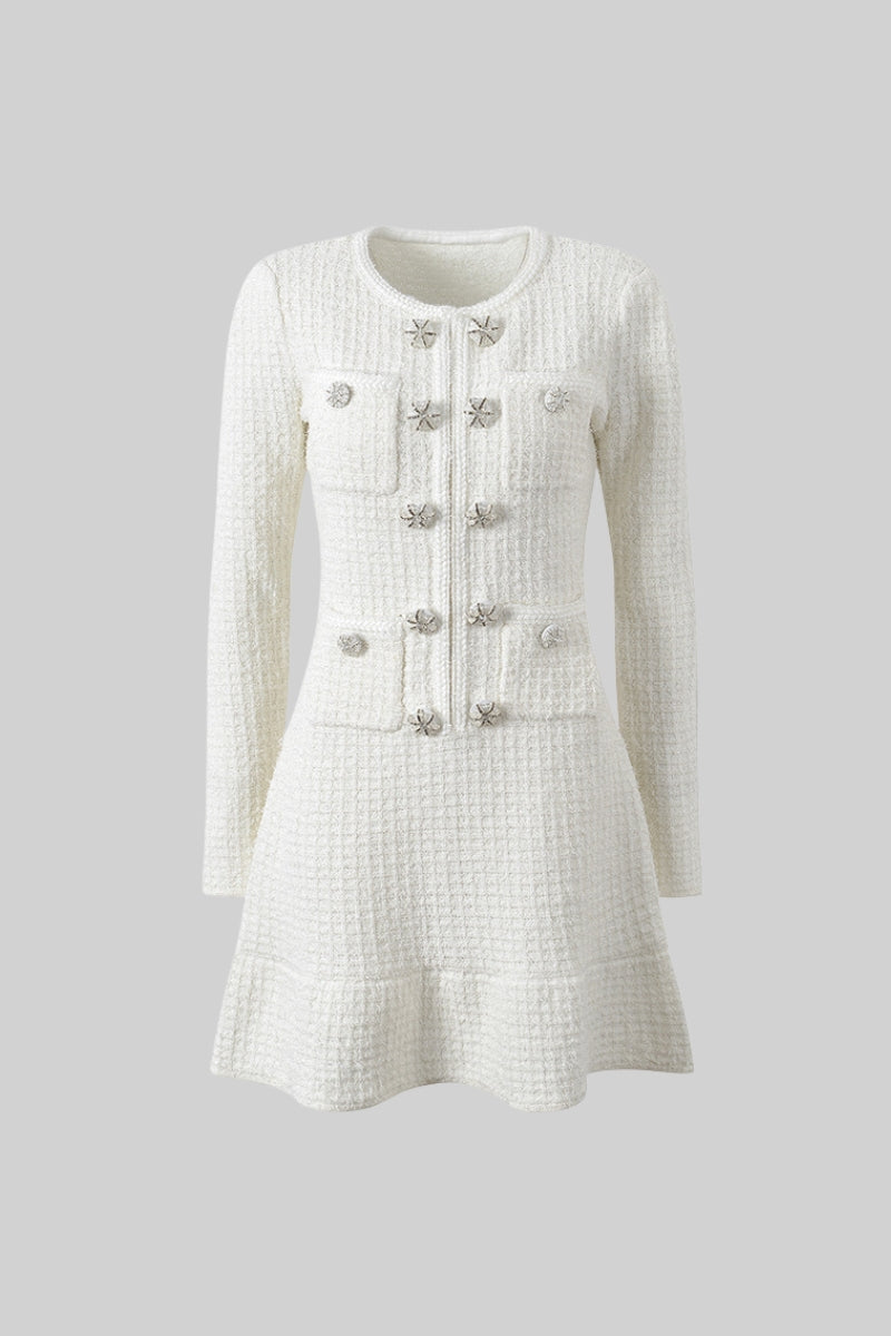 Vestido Tricotado de Manga Longa até ao Joelho - Branco