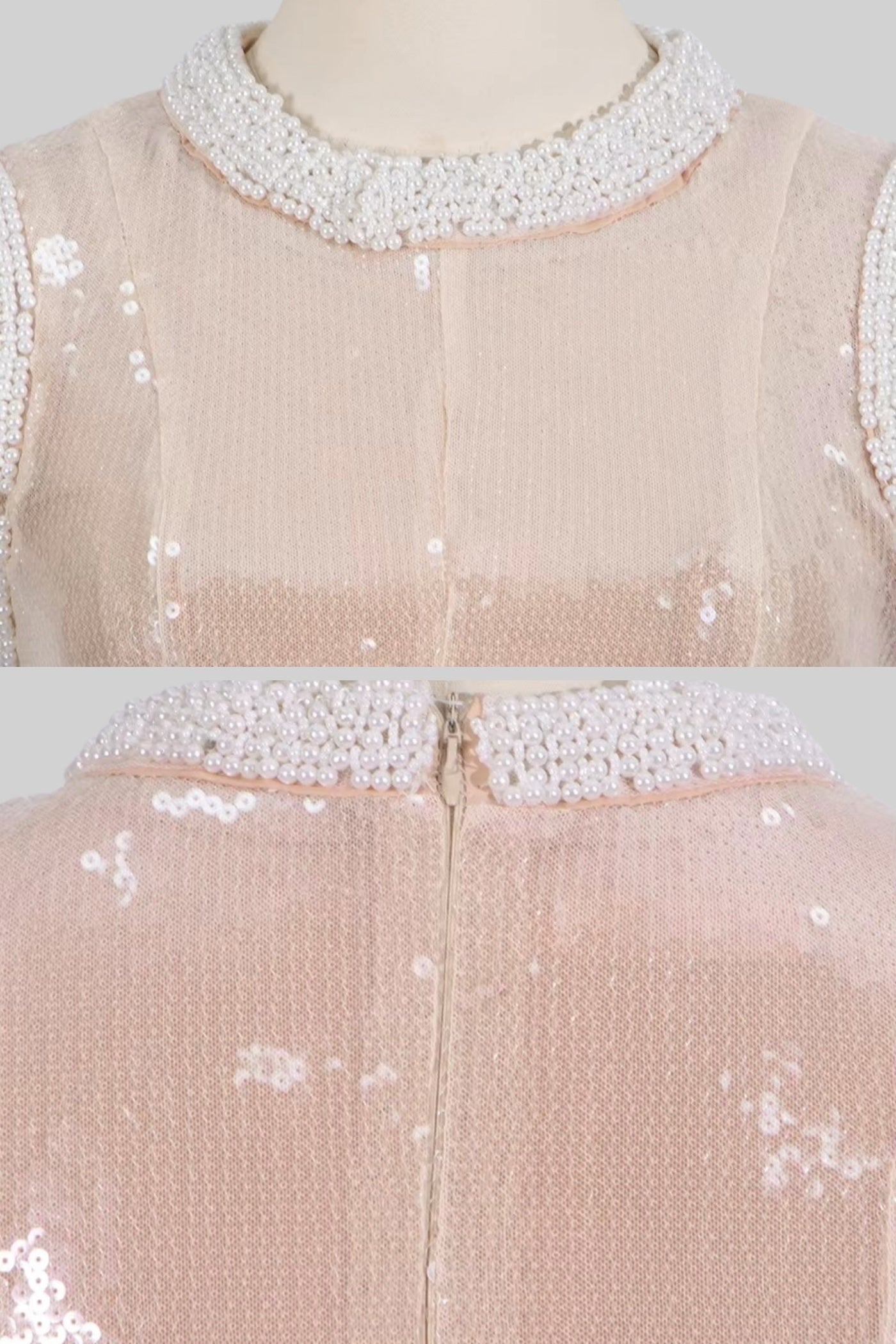 Vestido Elegante de Lantejoulas com Aplicações de Pérolas Brancas - Bege