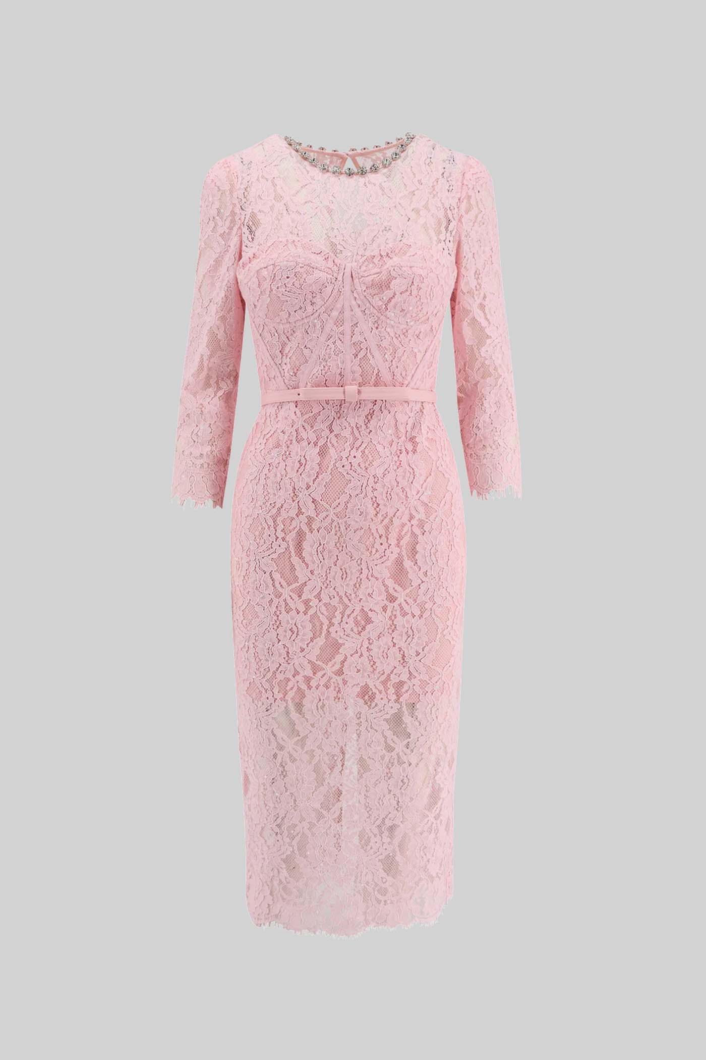 Vestido Elegante de Renda de Manga Longa com Cinto Correspondente - Rosa