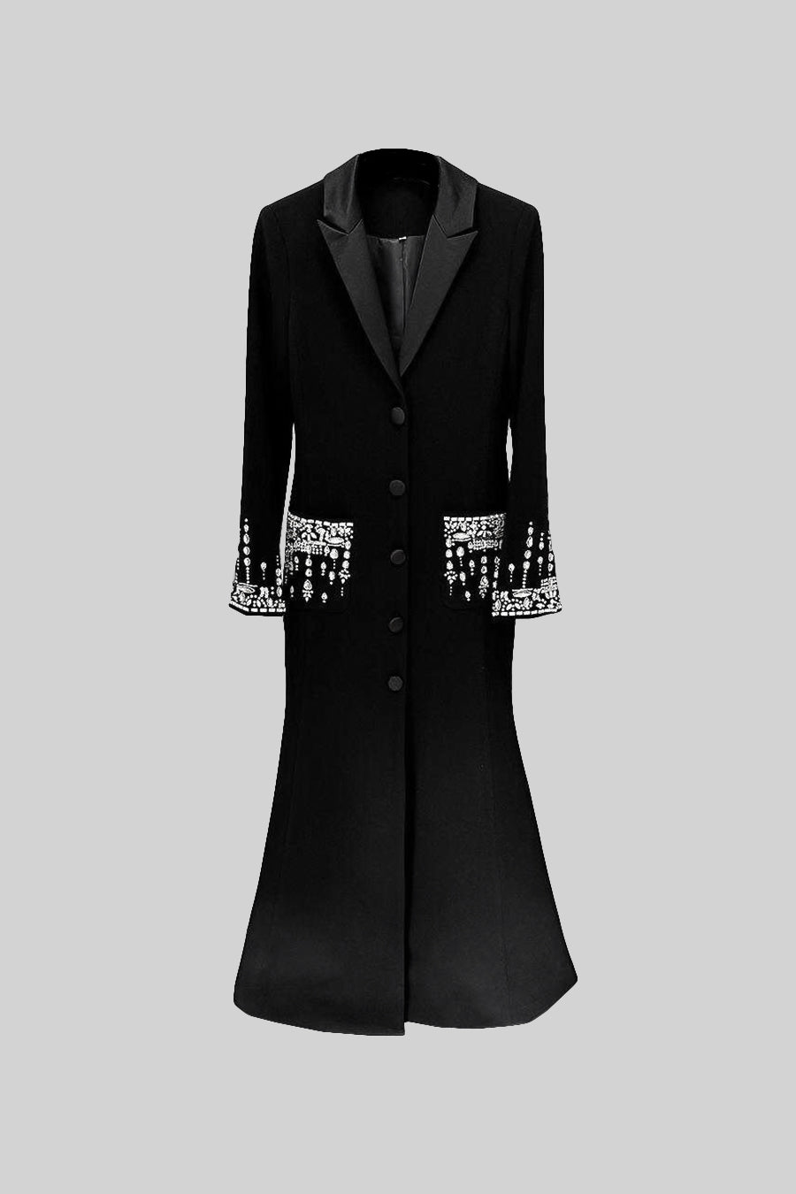 Vestido Longo de Silhueta com Lapelas e Detalhes em Cristal - Preto