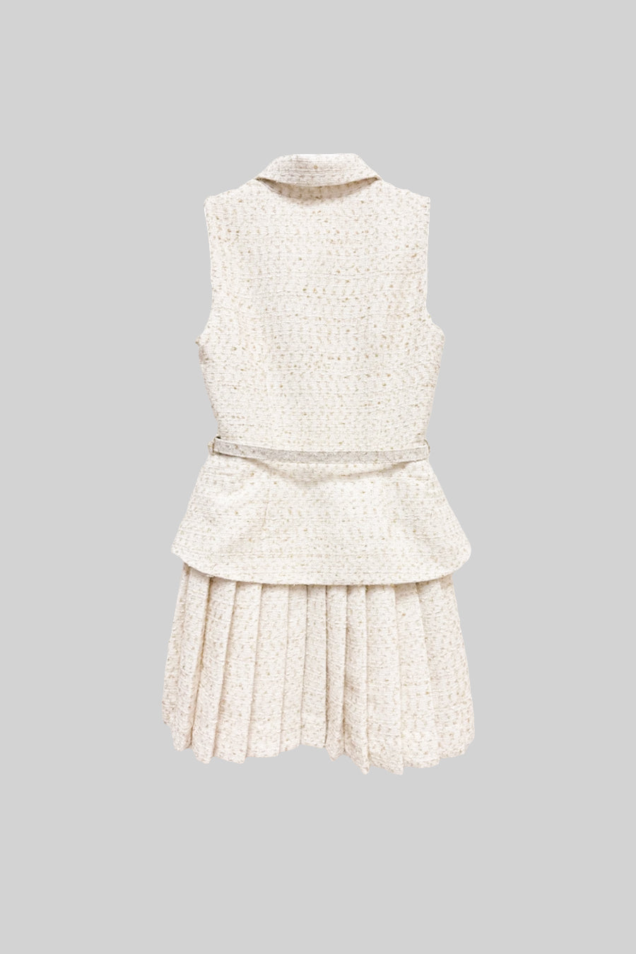 Vestido Mini Texturizado Sem Mangas Com Saia Plissada E Cinto - Ivoire