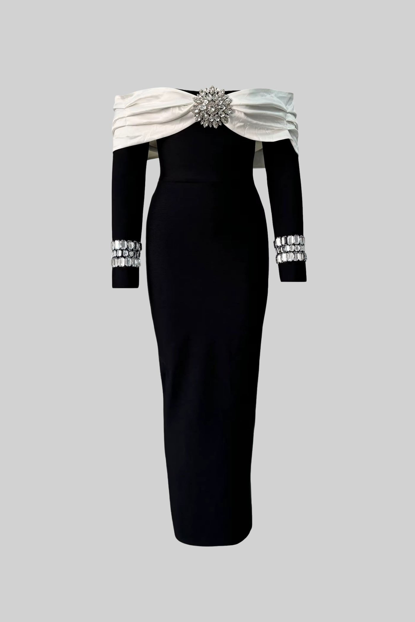 Vestido Elegante Off Shoulder Com Bustier Contrastante E Apliques Brilhantes - Preto