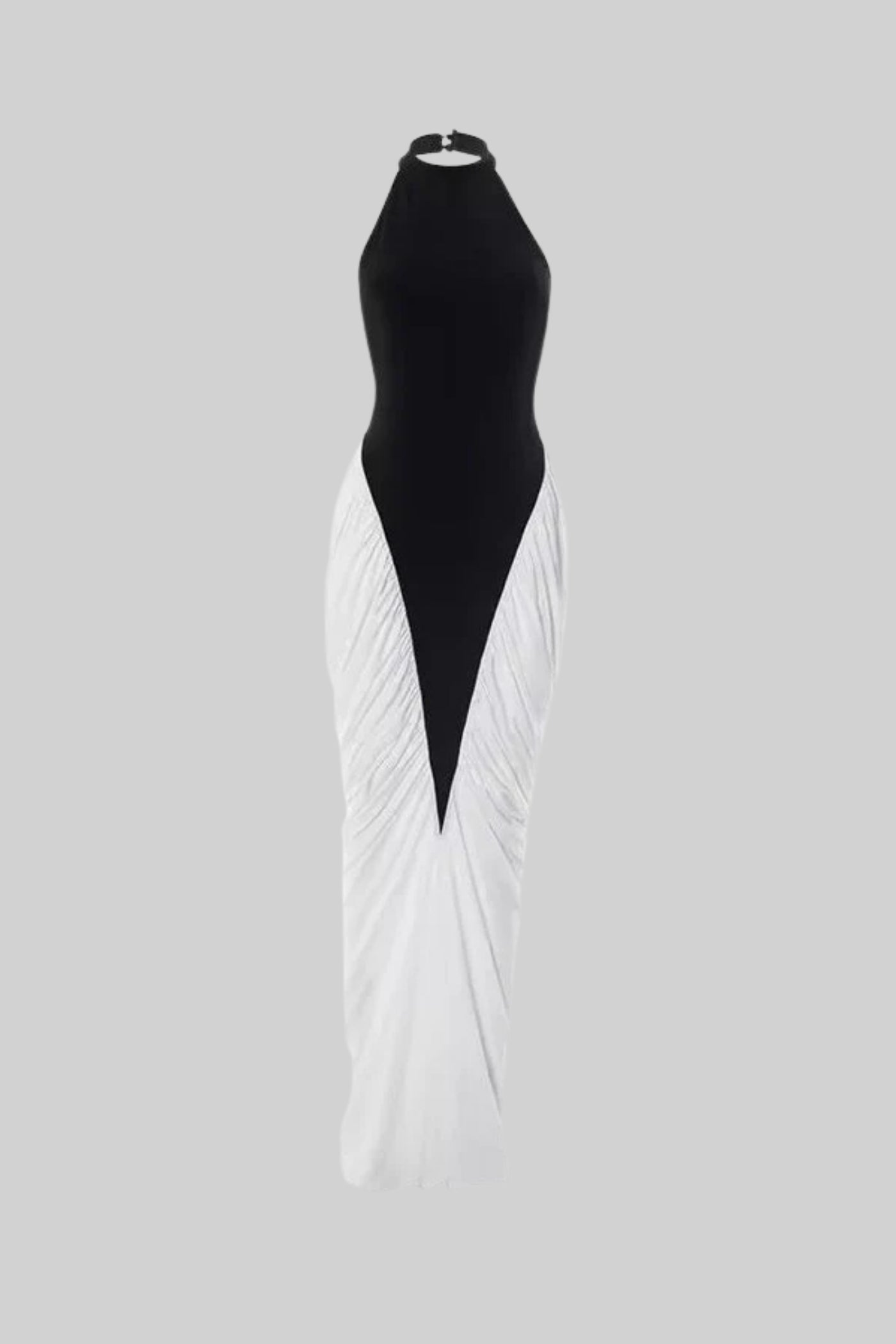 Vestido Maxi Halter com Painéis Pregueados em Contraste - Preto/Branco