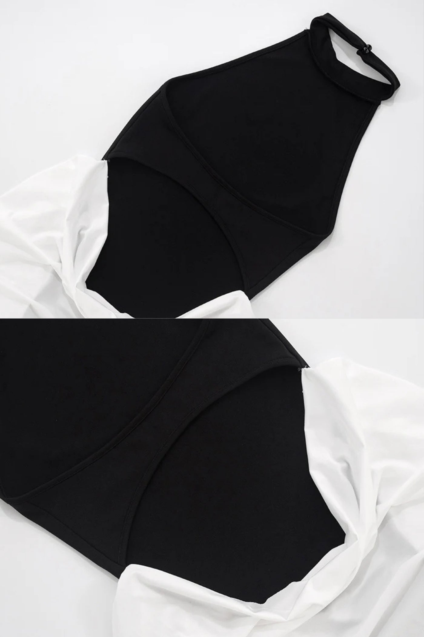 Vestido Maxi Halter com Painéis Pregueados em Contraste - Preto/Branco