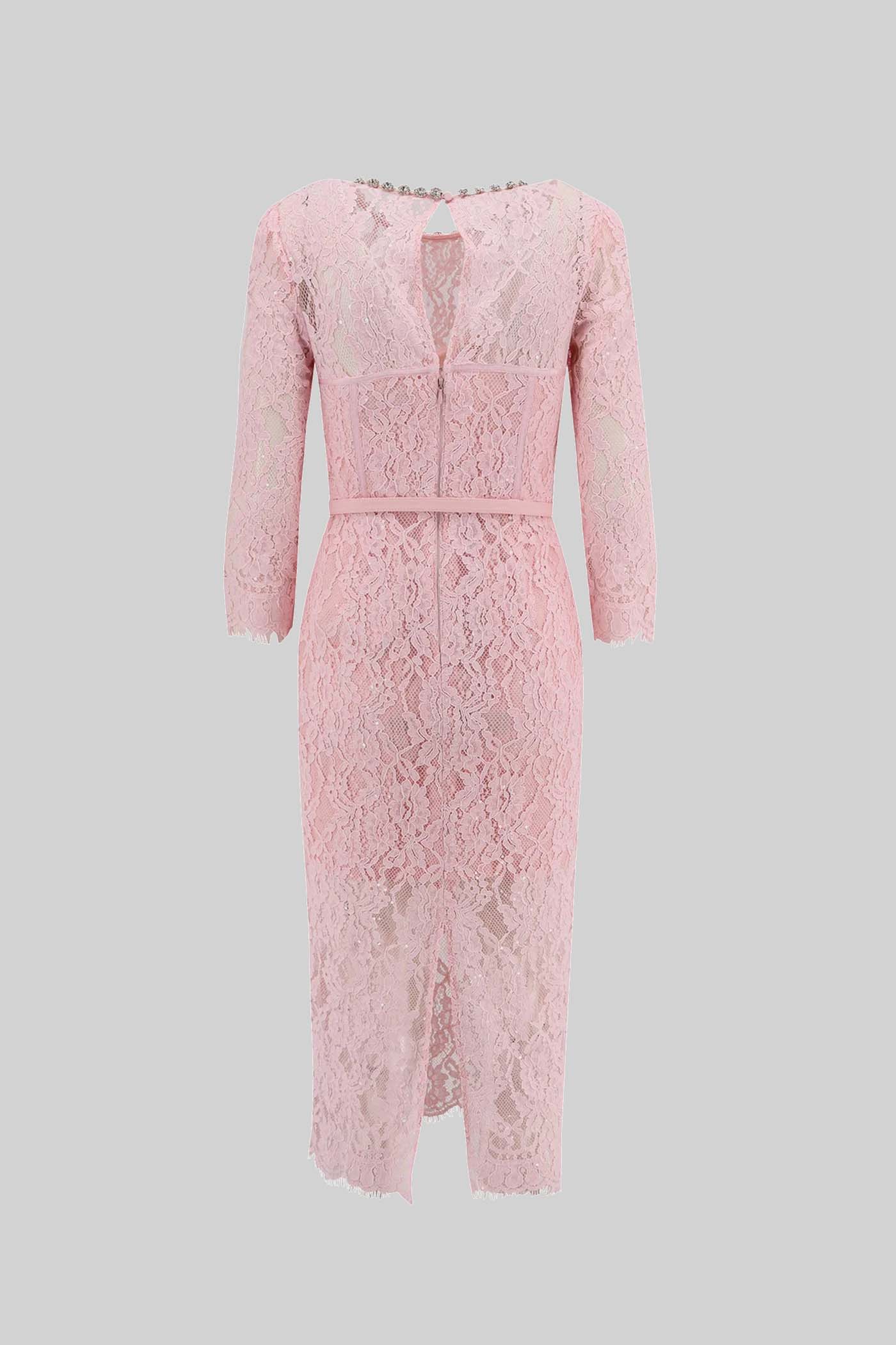 Vestido Elegante de Renda de Manga Longa com Cinto Correspondente - Rosa