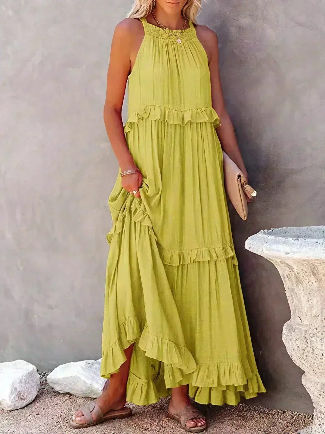 Sarah | Vestido longo com babados e alças finas