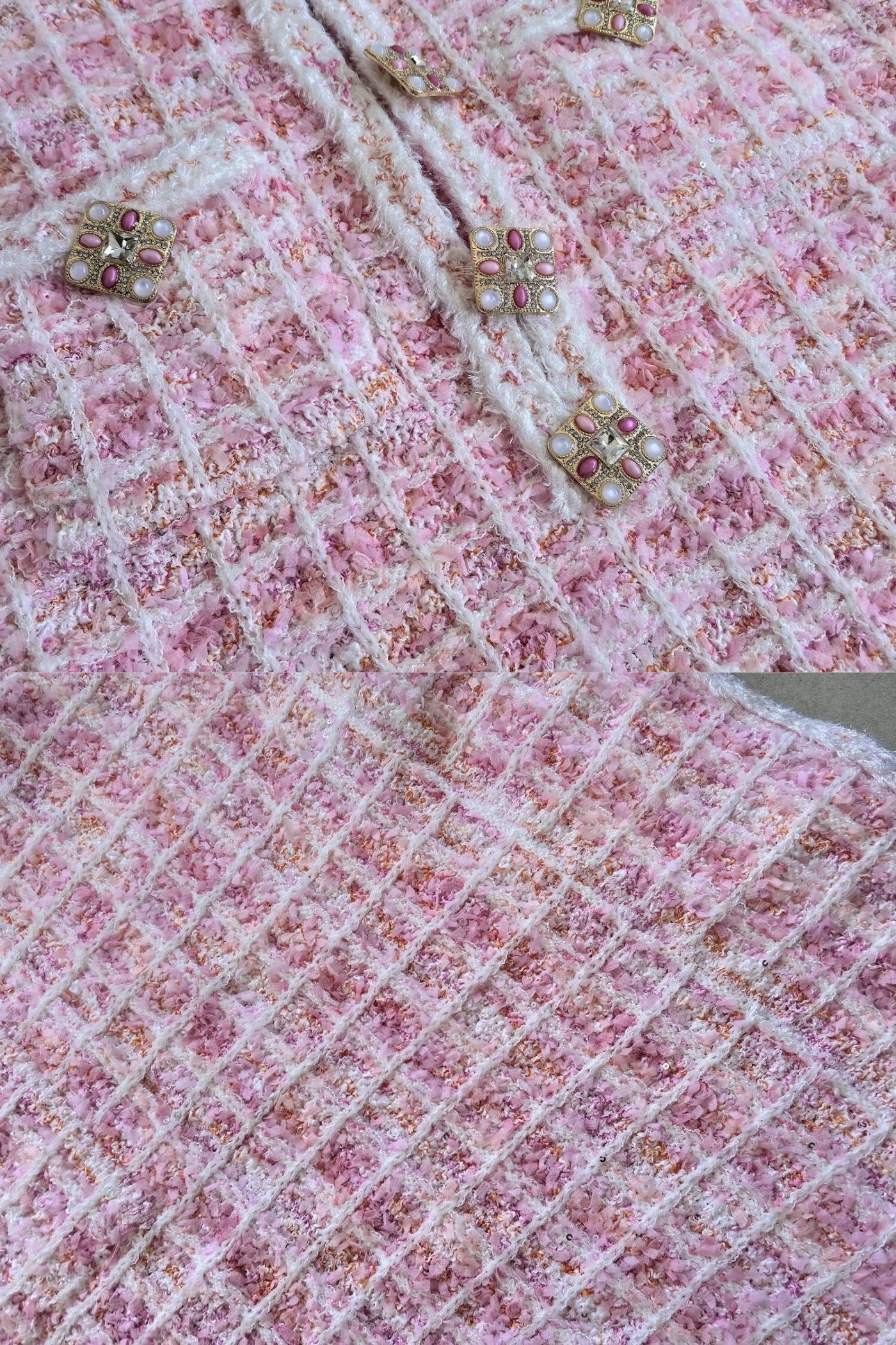Vestido Mini em Tweed com Botões de Jóia - Rosa
