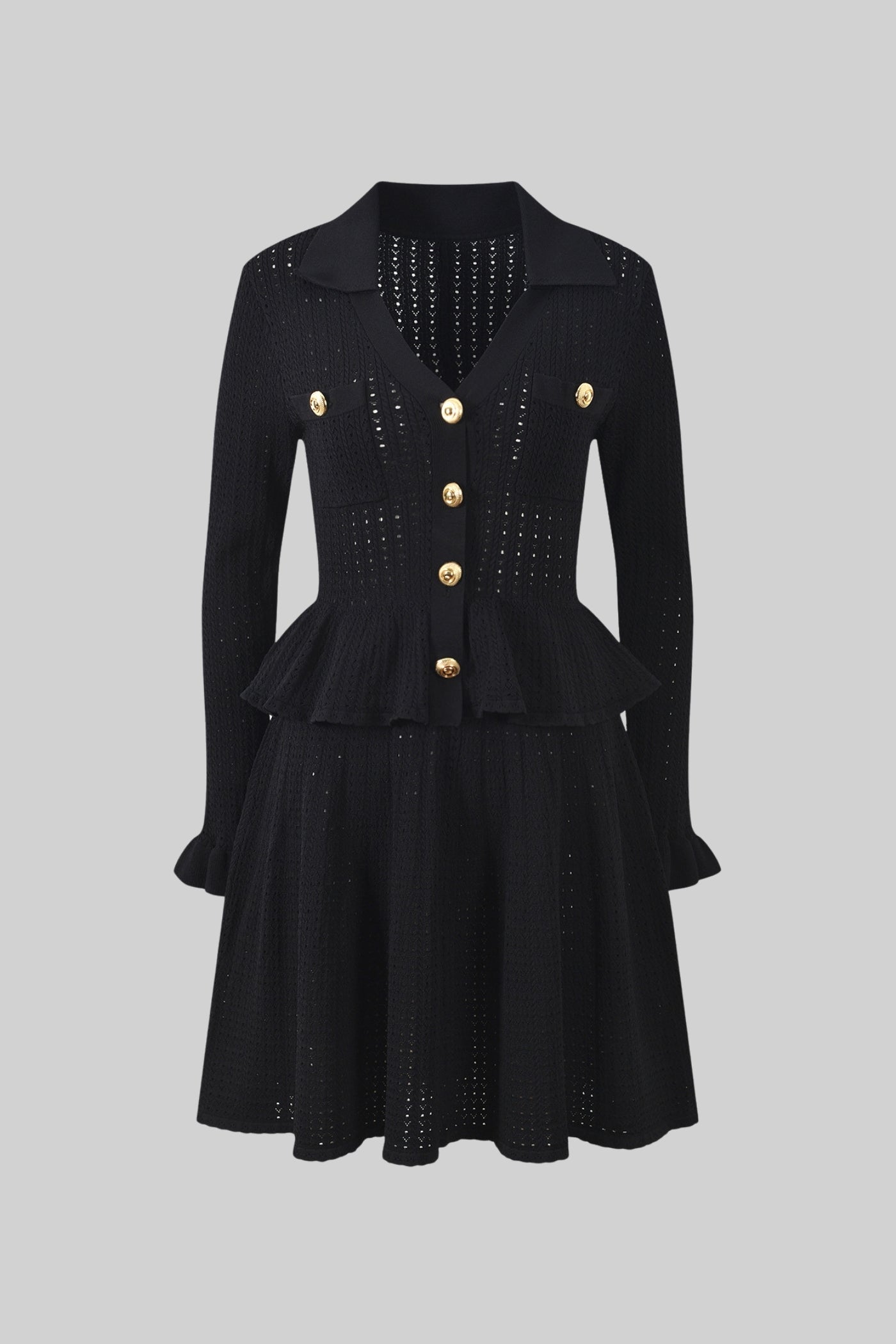 Vestido Mini de Malha com Cintura Peplum e Detalhe em Botão Dourado - Preto