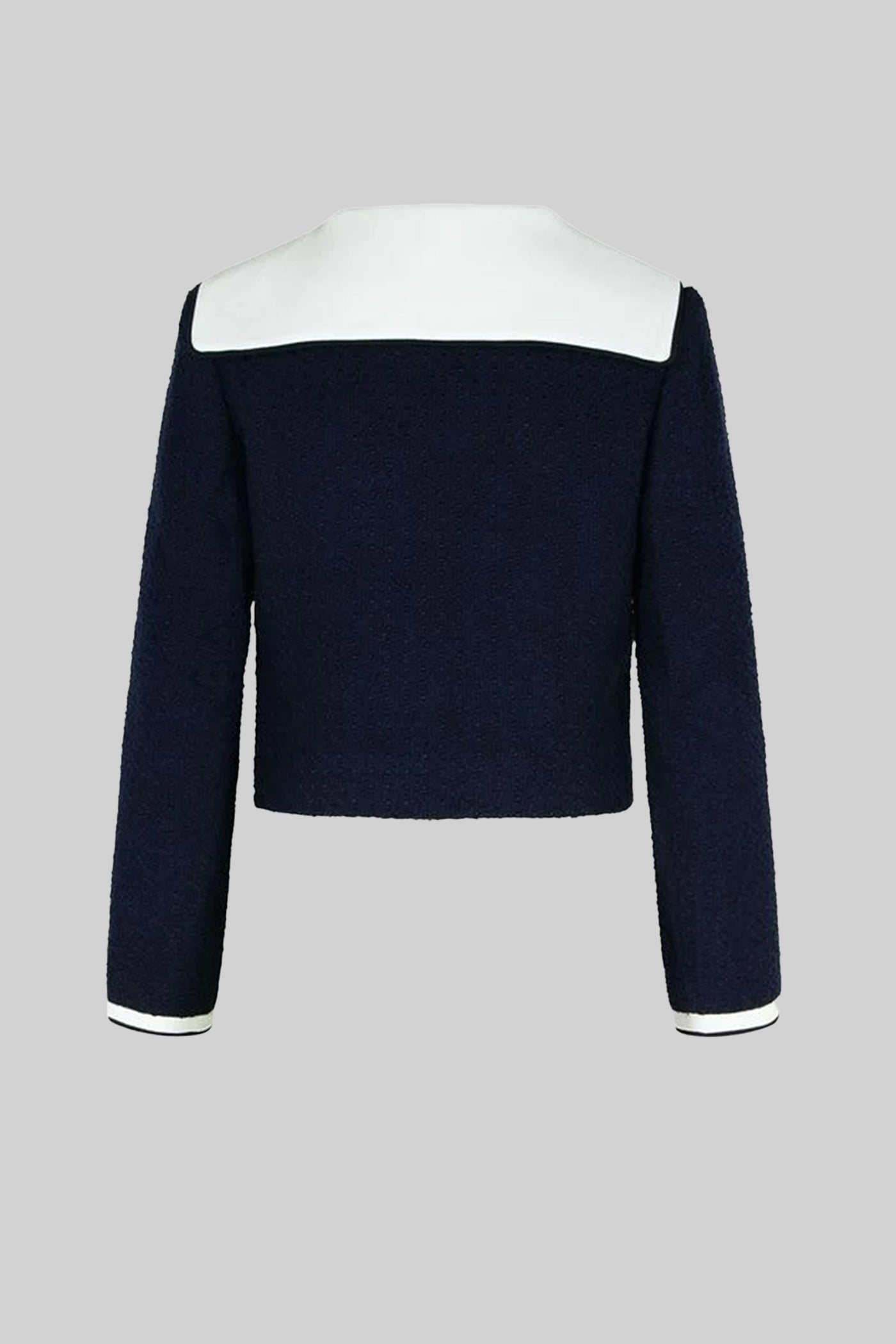 Casaco Cortado em Tweed com Gola em Contraste - Azul Marinho