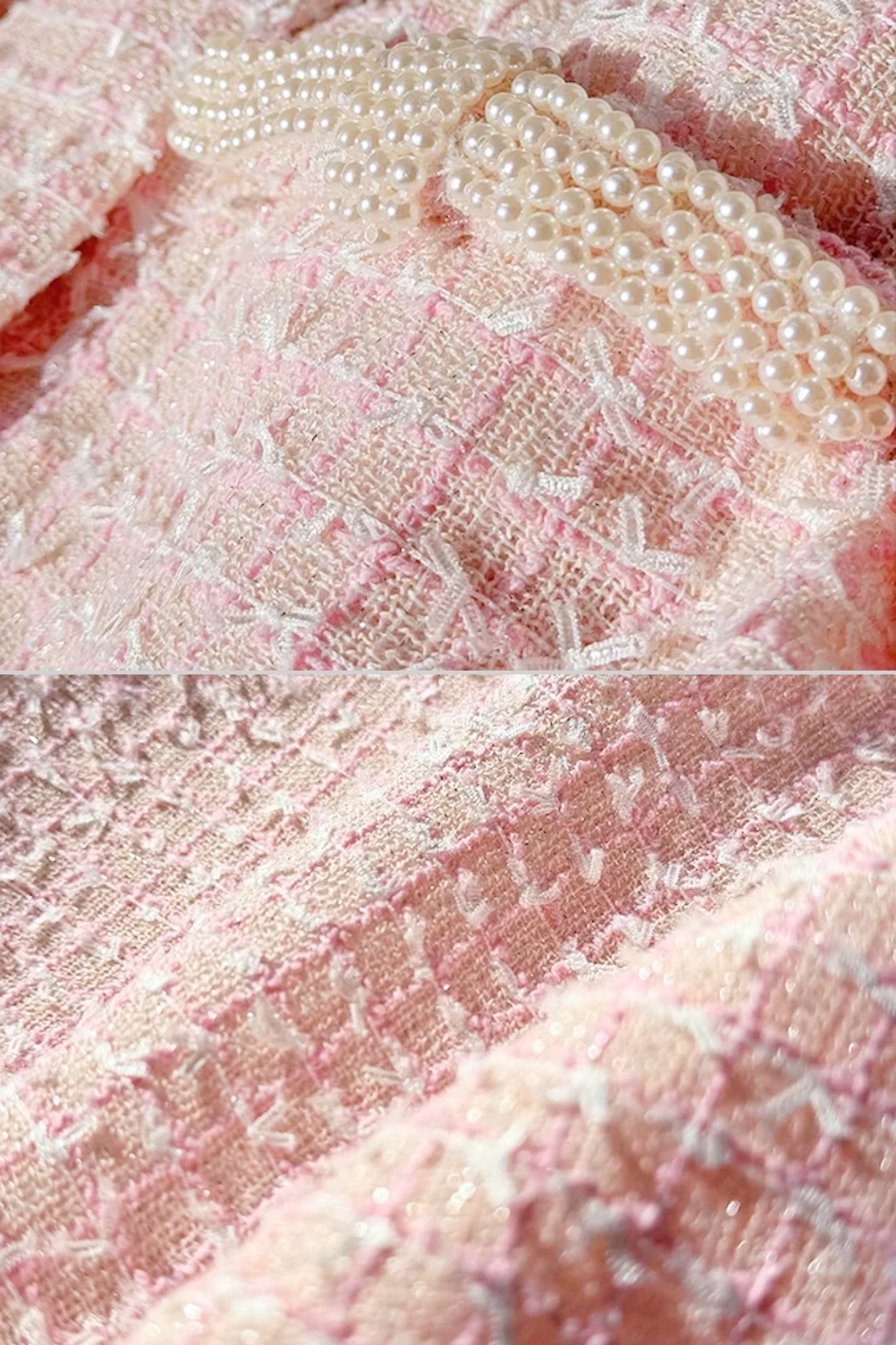 Conjunto de Tweed com Casaco Cortado e Vestido Mini Sem Mangas - Rosa Claro