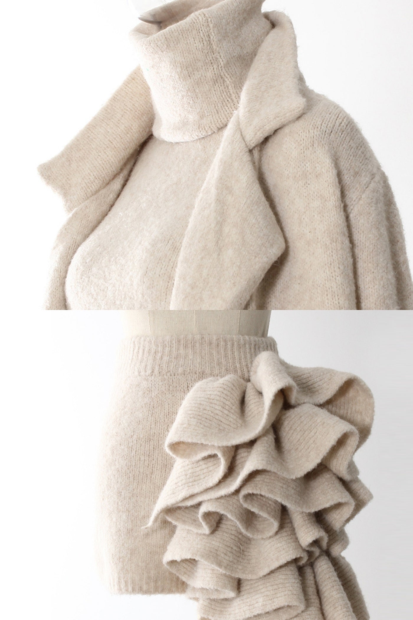 Conjunto Tricotado de Três Peças com Detalhes Esculturais em Renda - Bege