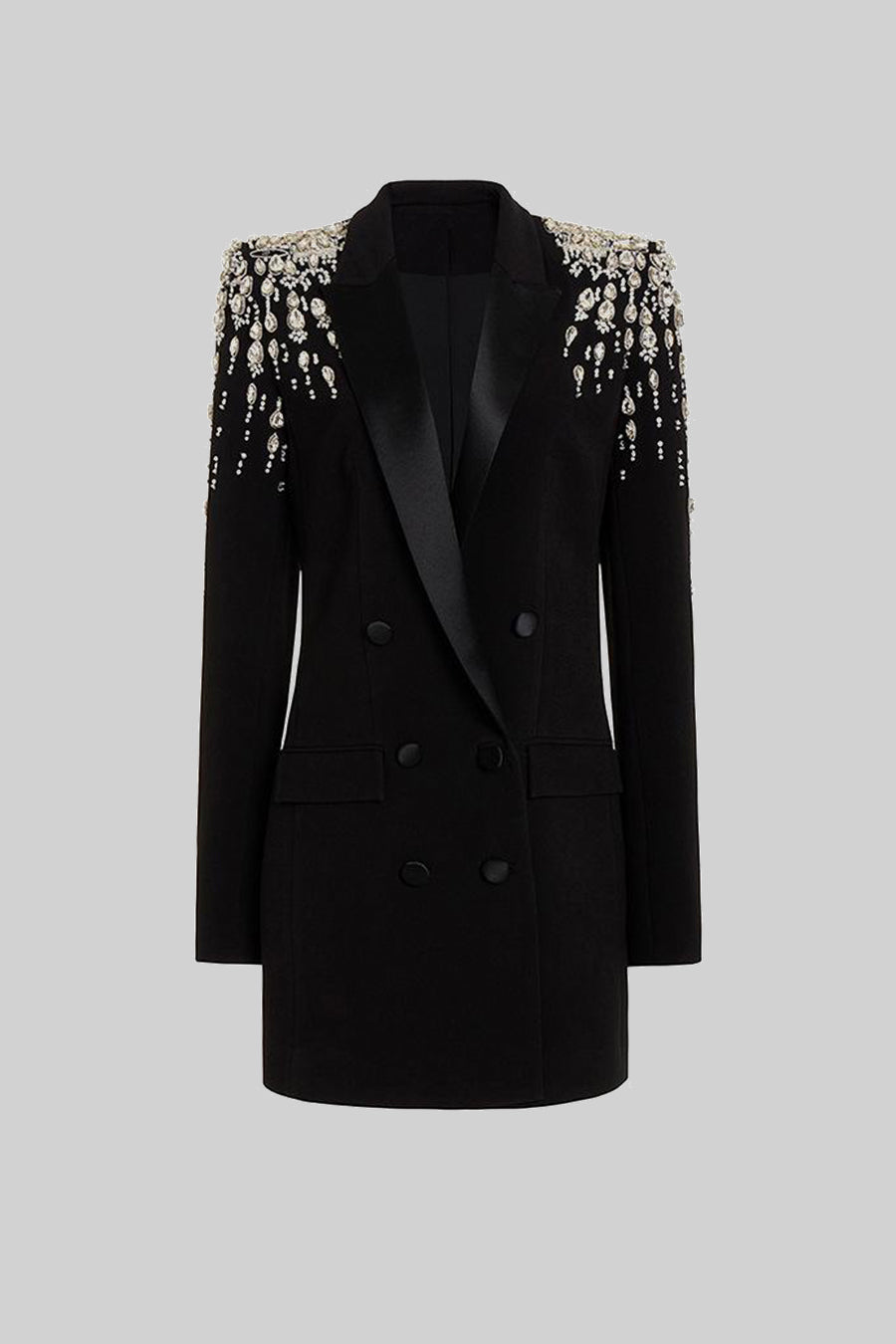 Blazer Elegante Com Ombros Decorados com Diamantes - Preto