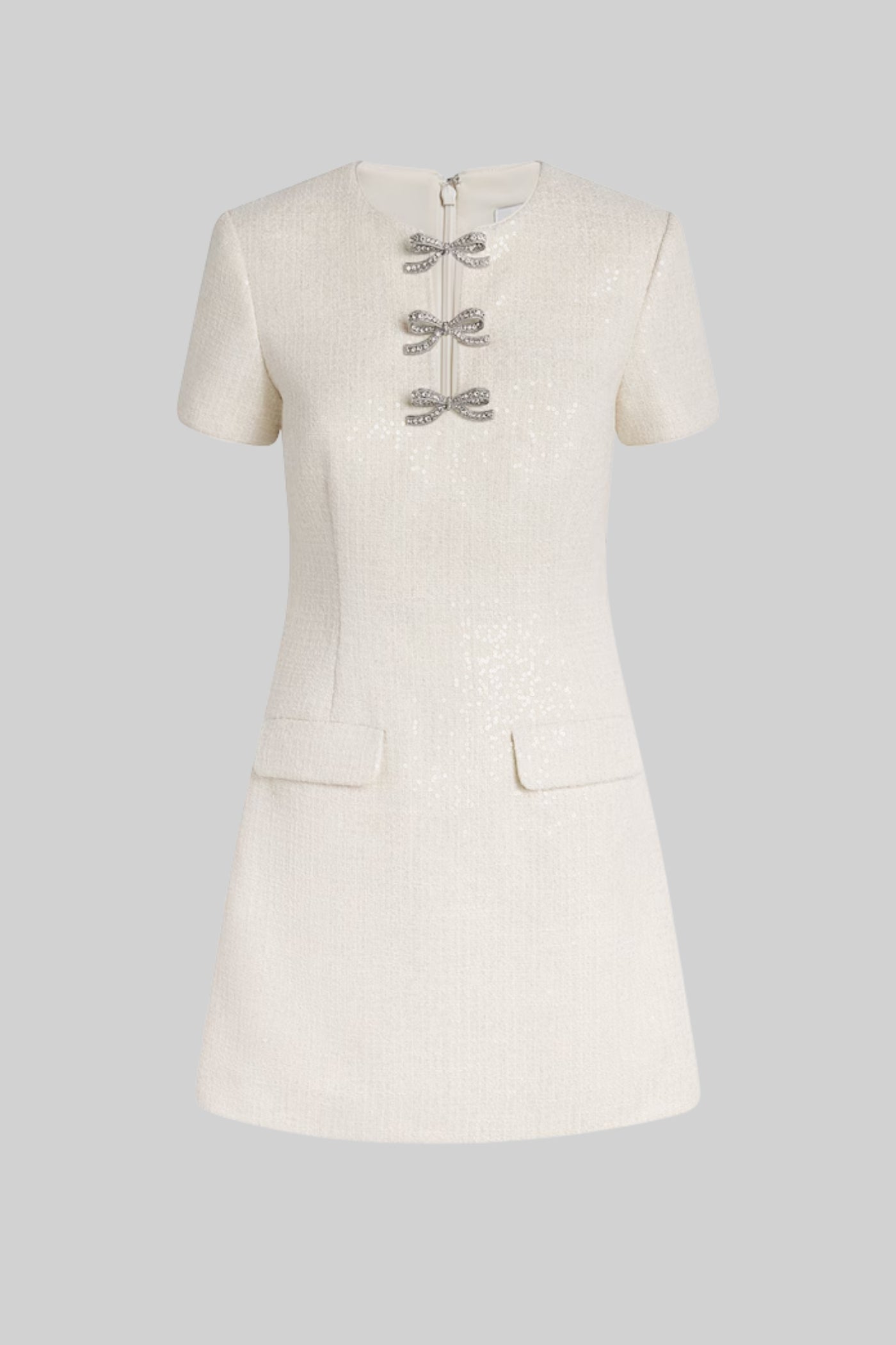 Vestido Mini de Lantejoulas com Acentos de Laço em Cristal - Ivoire