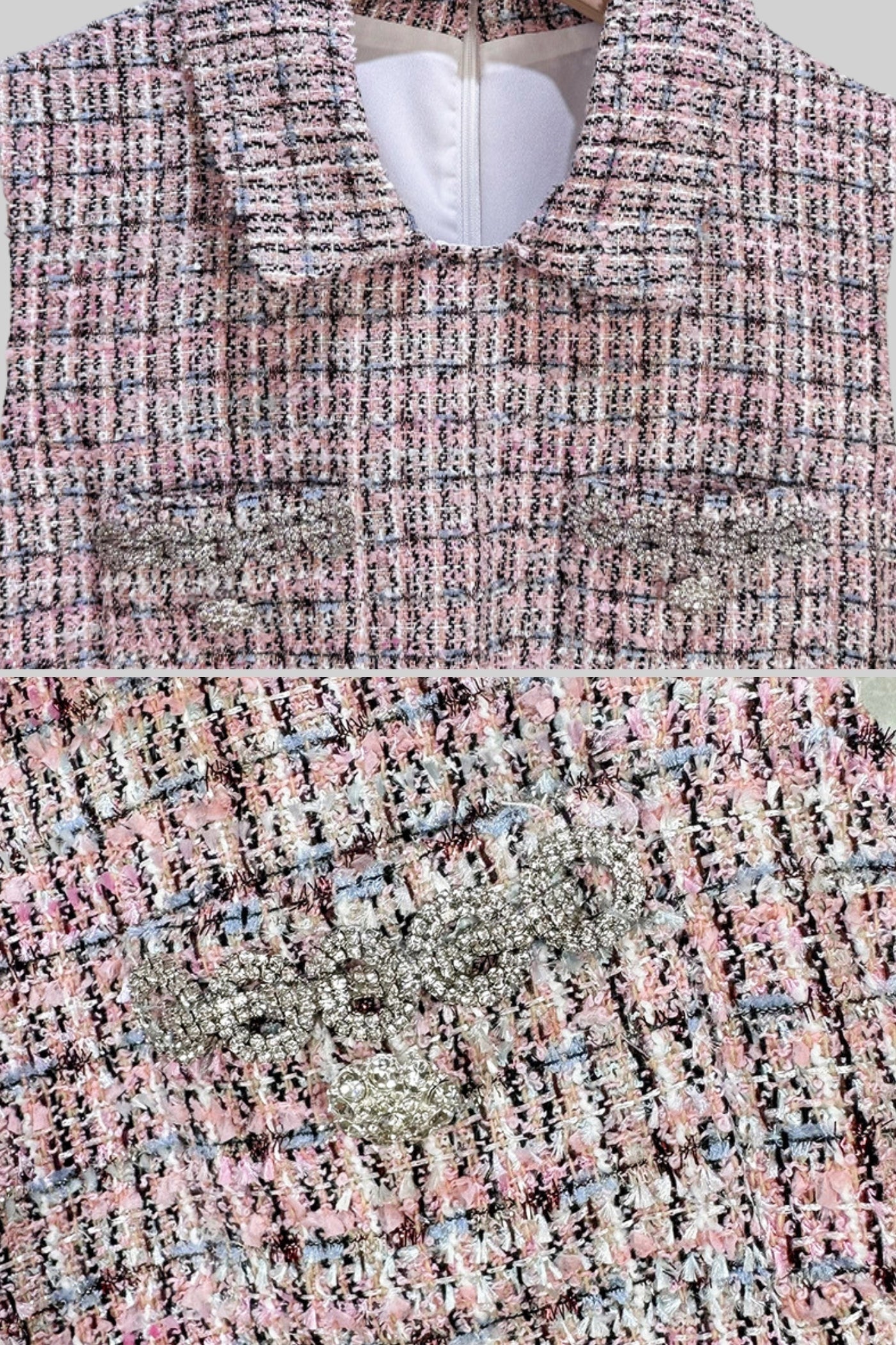 Vestido de Vestuário em Tweed com Detalhe de Saia Plissada - Rosa/Branco