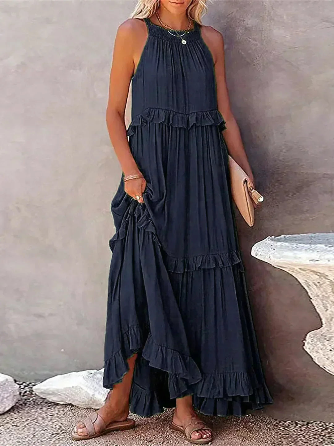 Sarah | Vestido longo com babados e alças finas