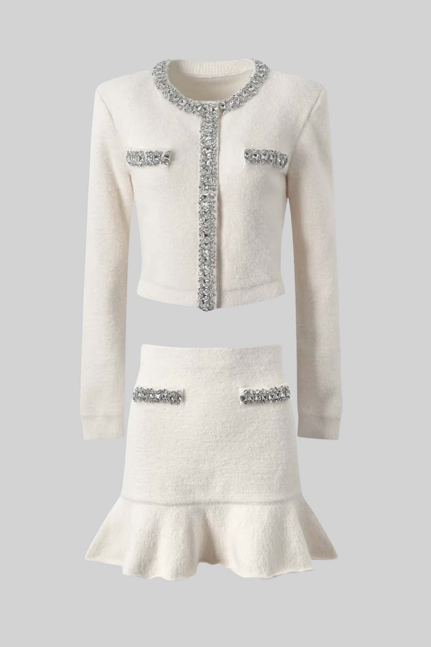 Conjunto Co-ord Soft Com Mangas Longas, Saia Mini E Acessórios Brilhantes - Branco
