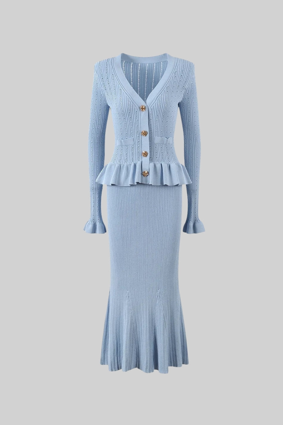 Conjunto de Malha com Casaco Rendido e Saia Larga - Azul Bebé