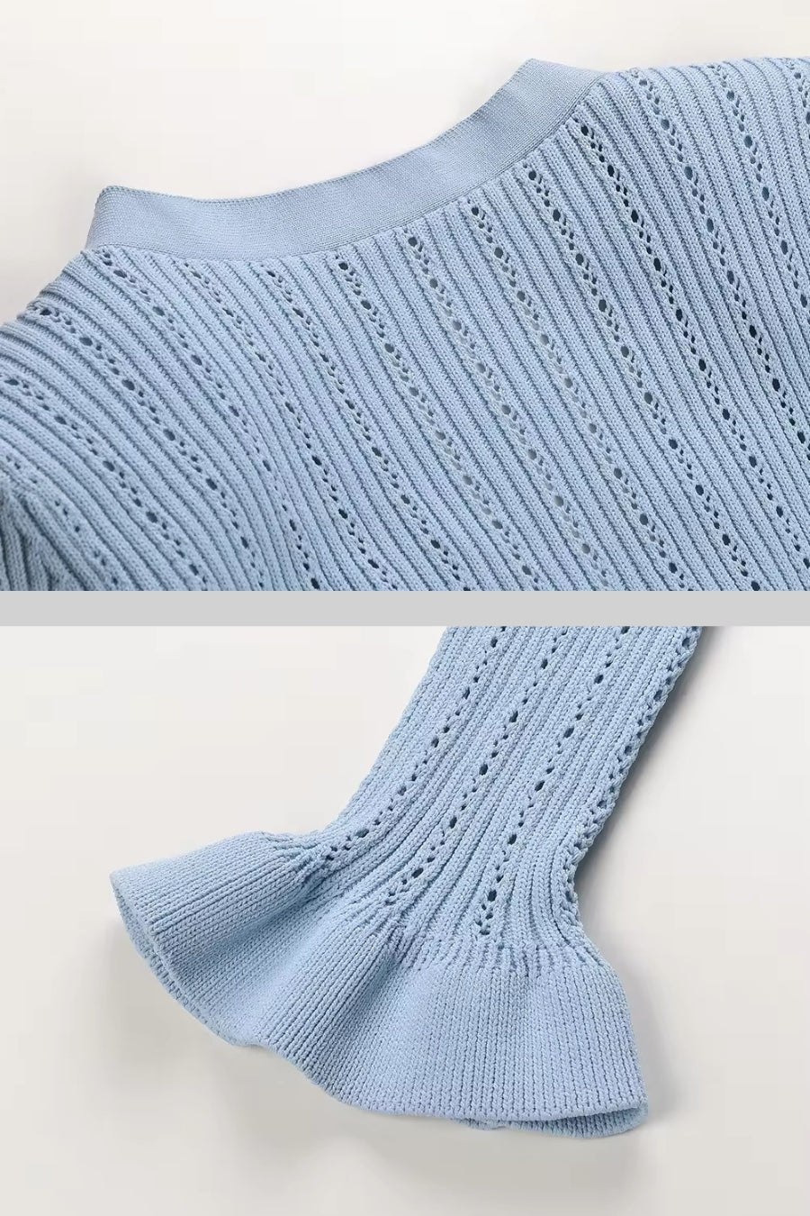 Conjunto de Malha com Casaco Rendido e Saia Larga - Azul Bebé