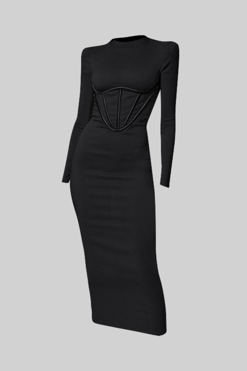 Vestido Midi Areia com Corpete - Preto