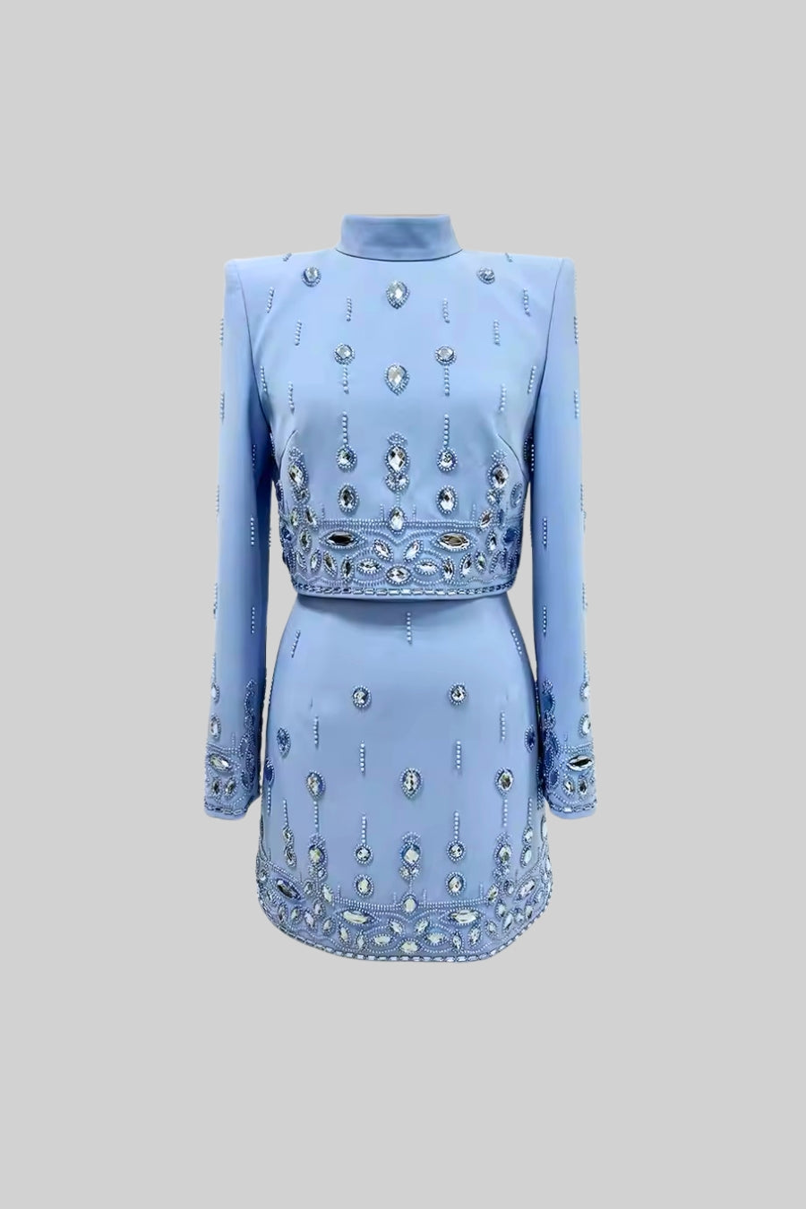 Conjunto com Aplicações de Diamantes e Mini Saia - Azul Bebé