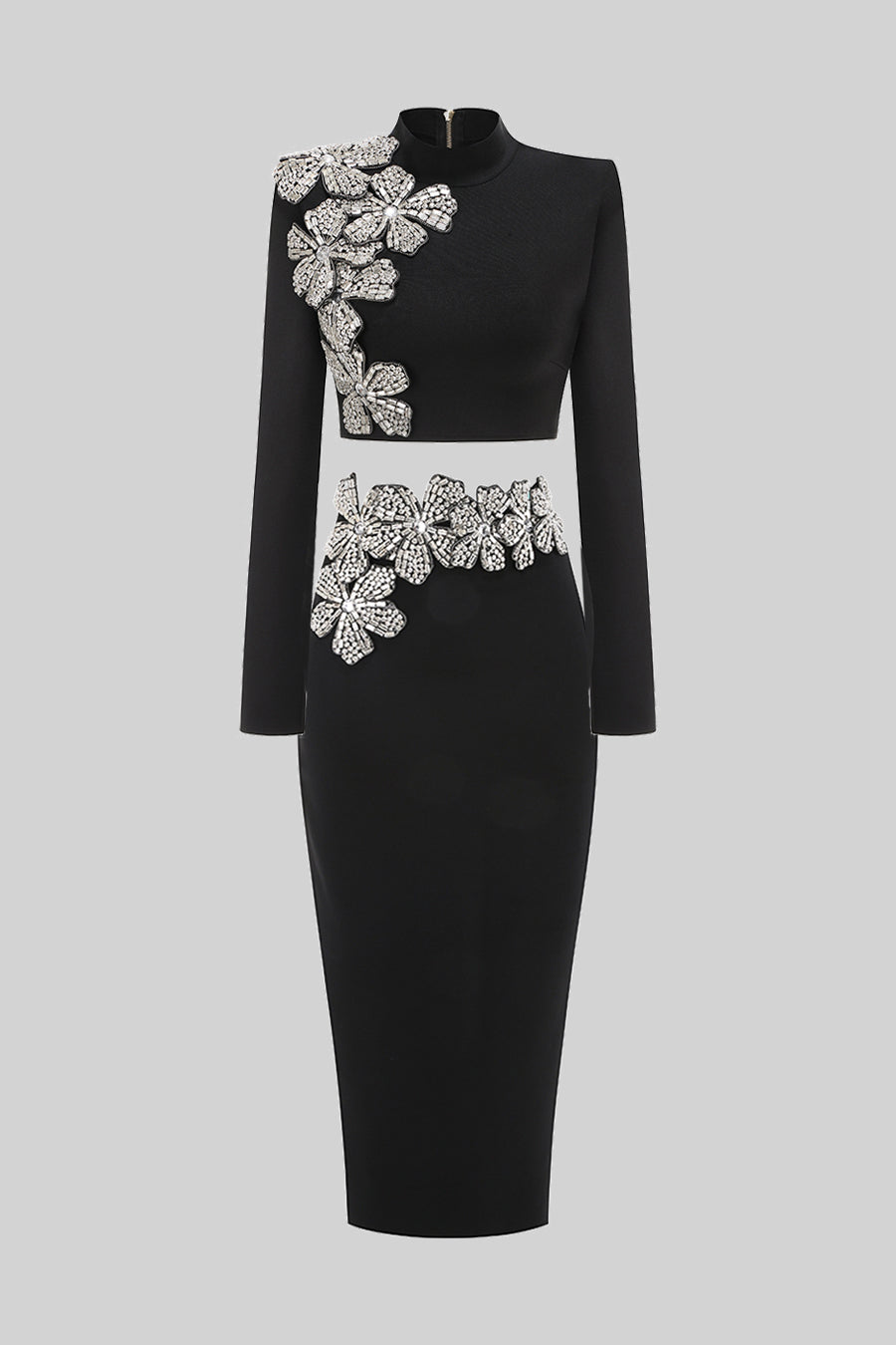 Conjunto de Acento de Flor de Diamante de 2 Peças com Top de Mangas Longas e Saia Maxi - Preto