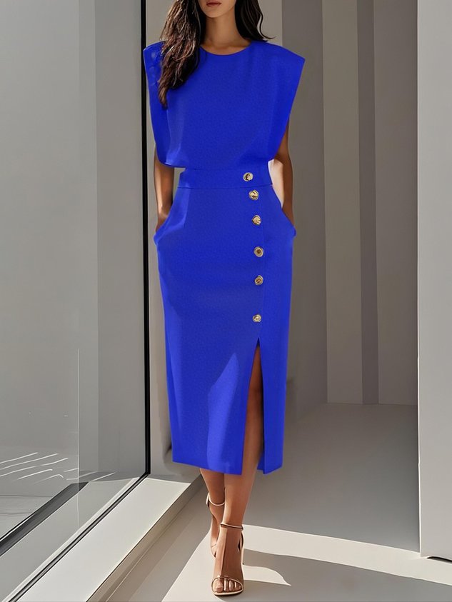Aina - Vestido midi liso com fenda de botões e decote redondo