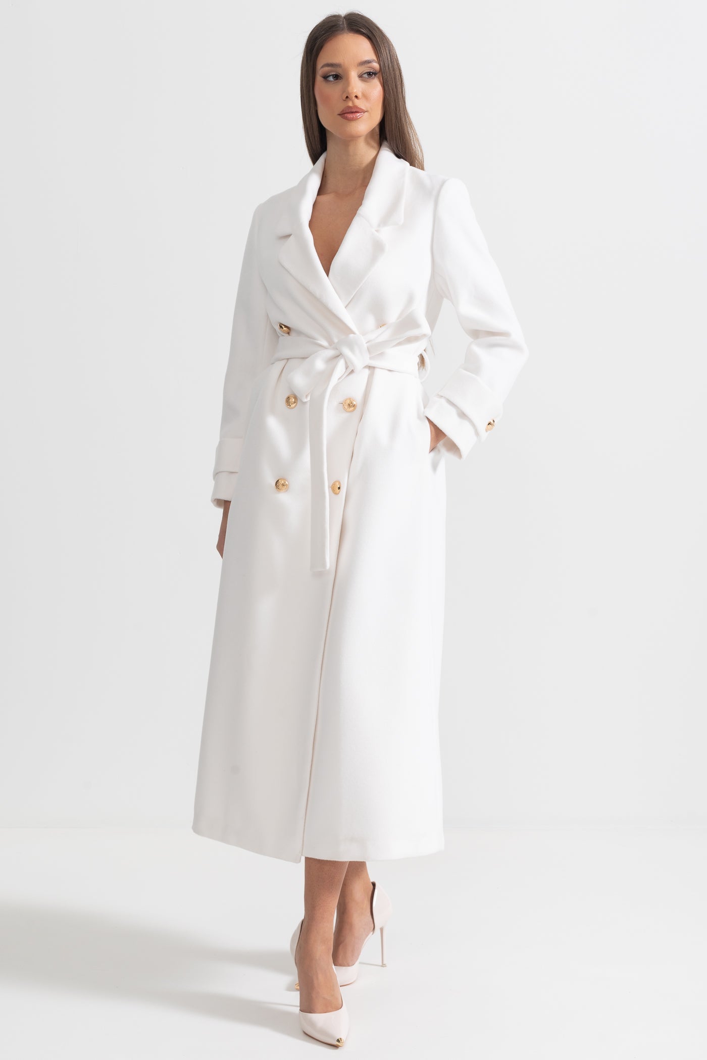 Casaco Longo Elegante com Design de Lapela Larga - Branco