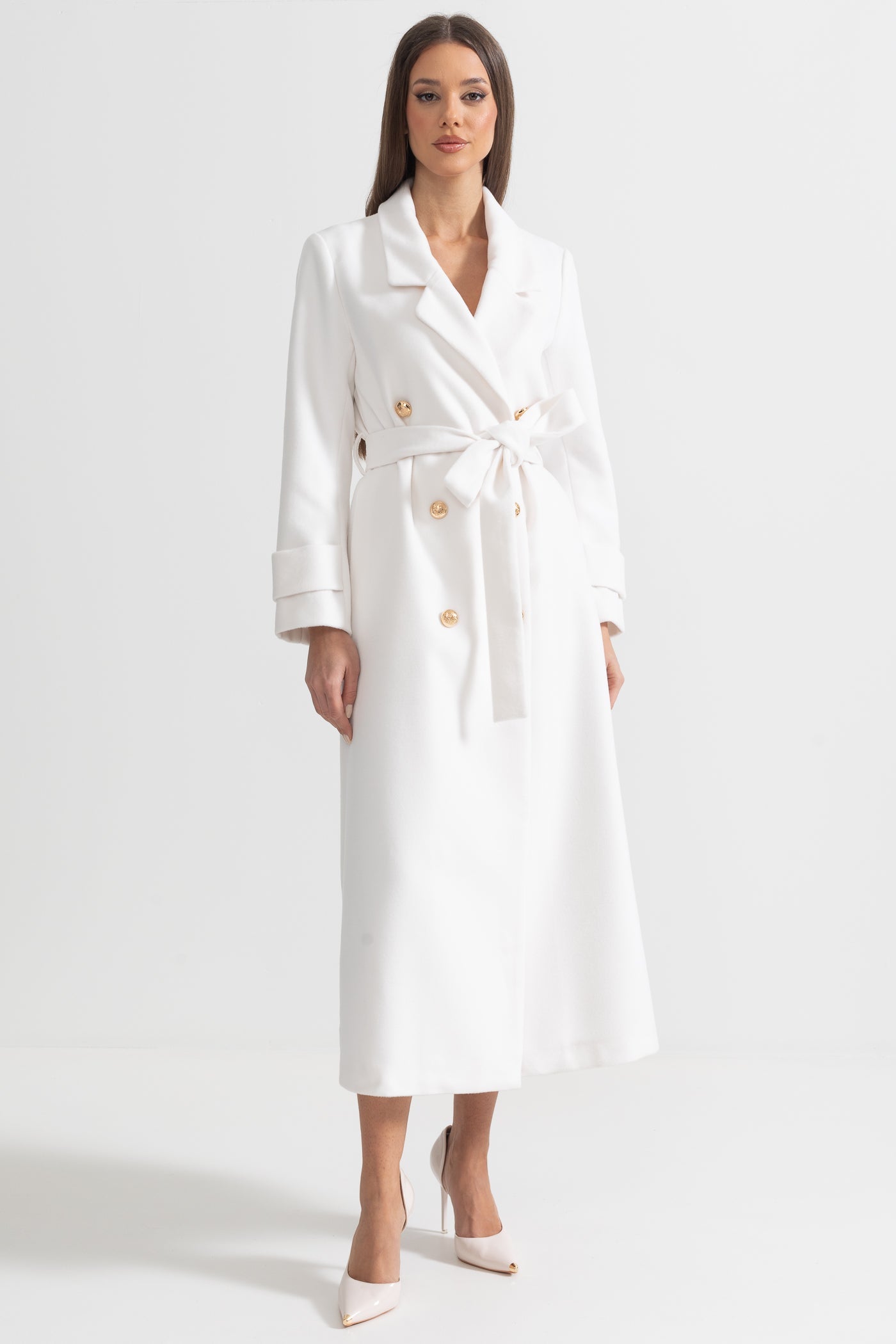 Casaco Longo Elegante com Design de Lapela Larga - Branco