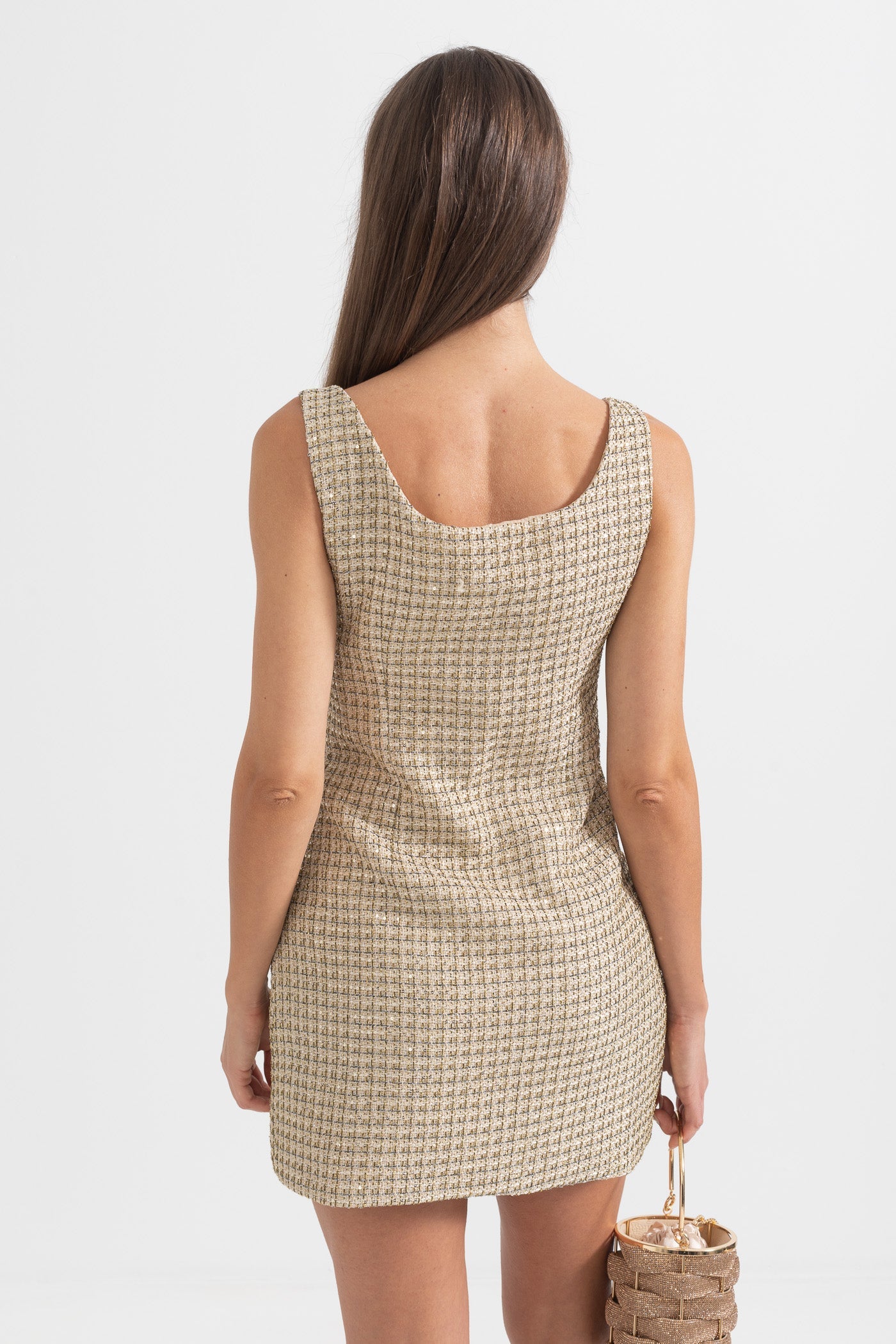 Vestido Mini Estampado Com Botões Decorativos Dourados - Dourado