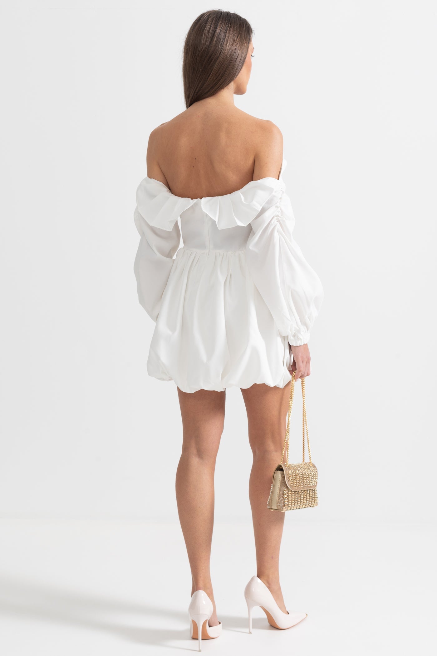 Vestido Mini Com Mangas Volumosas e Saia Volumosa - Branco
