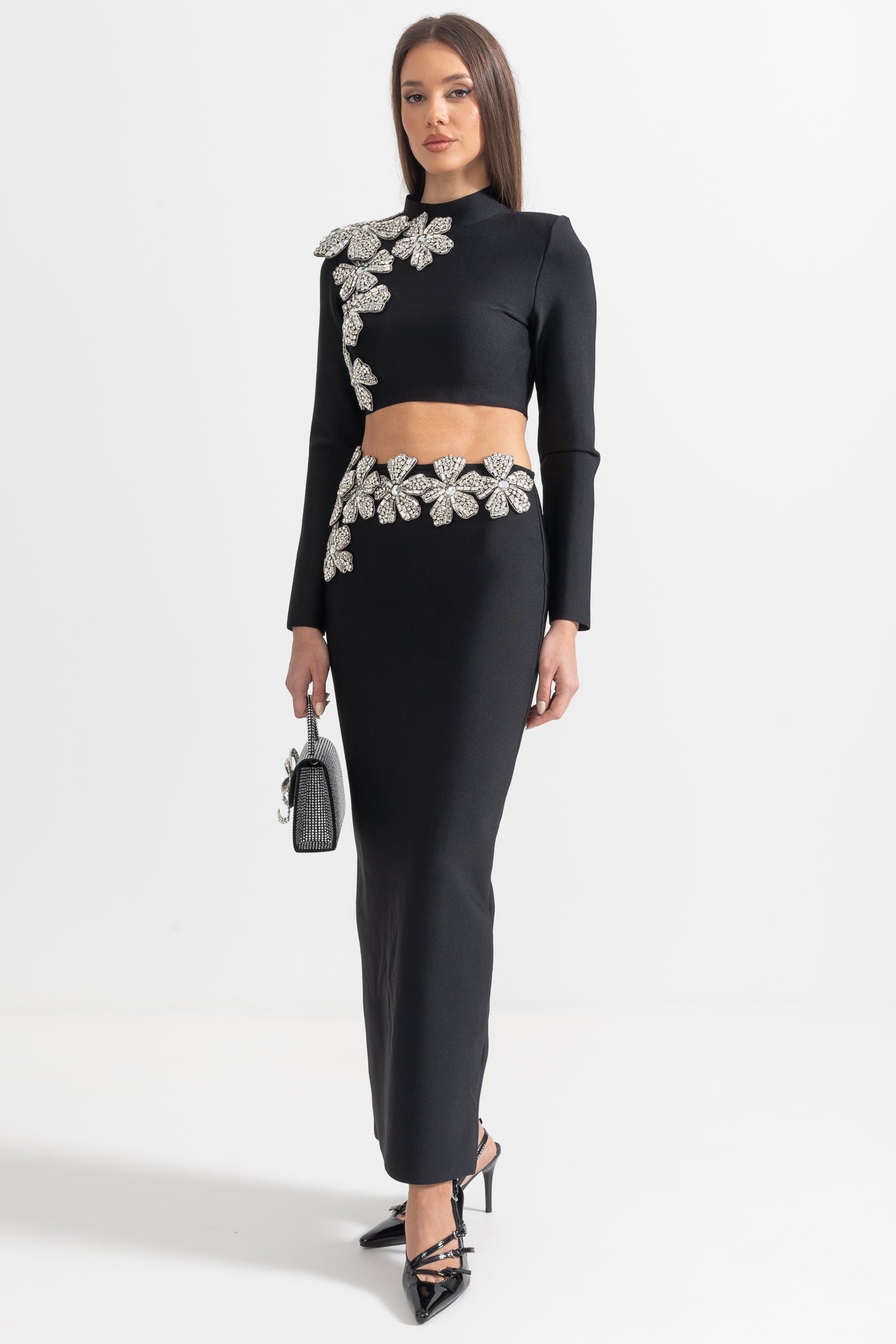 Conjunto de Acento de Flor de Diamante de 2 Peças com Top de Mangas Longas e Saia Maxi - Preto
