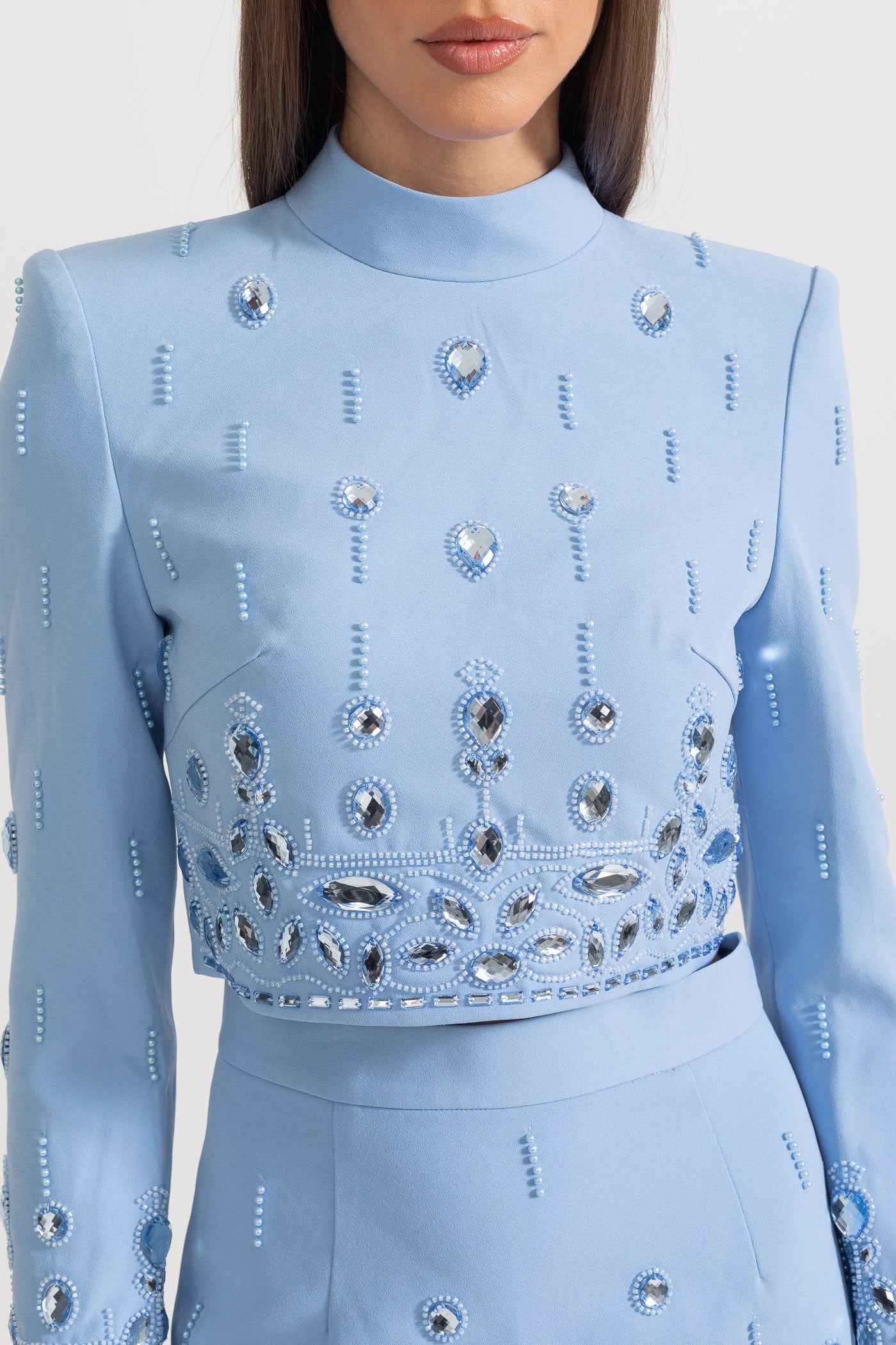 Conjunto com Aplicações de Diamantes e Mini Saia - Azul Bebé