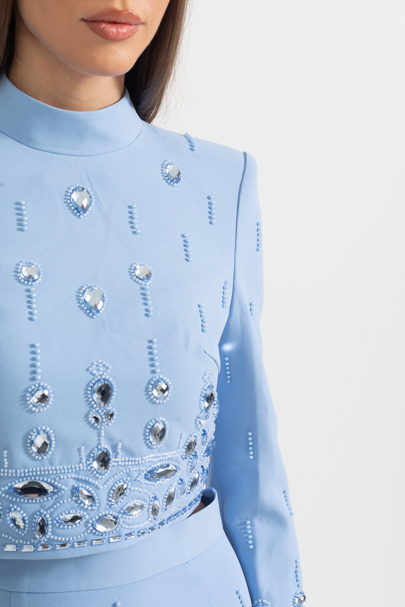Conjunto com Aplicações de Diamantes e Mini Saia - Azul Bebé