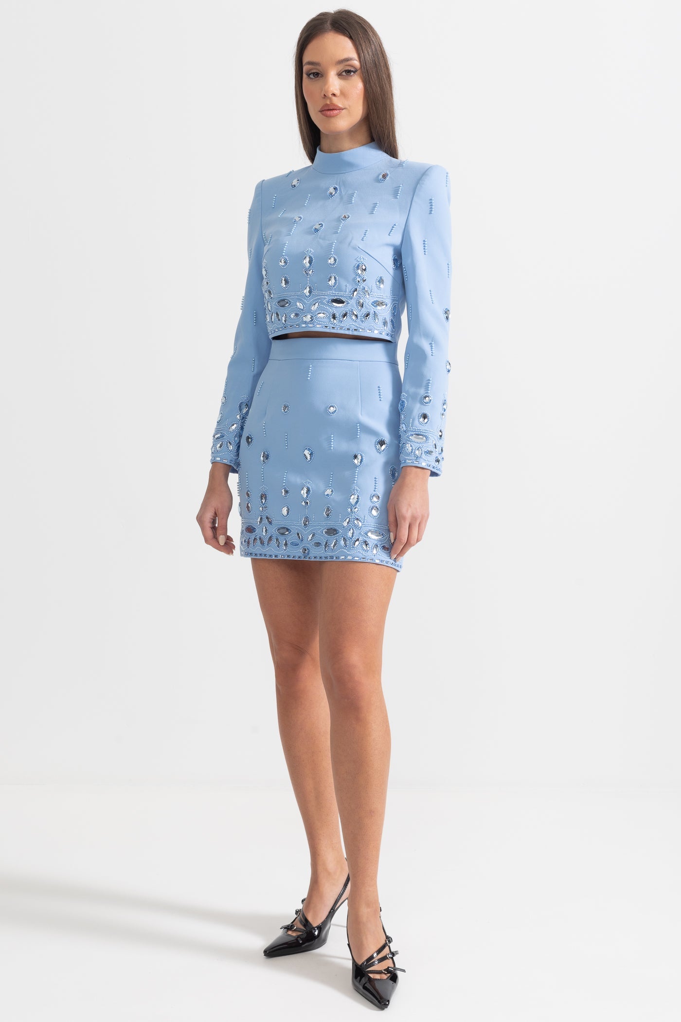 Conjunto com Aplicações de Diamantes e Mini Saia - Azul Bebé