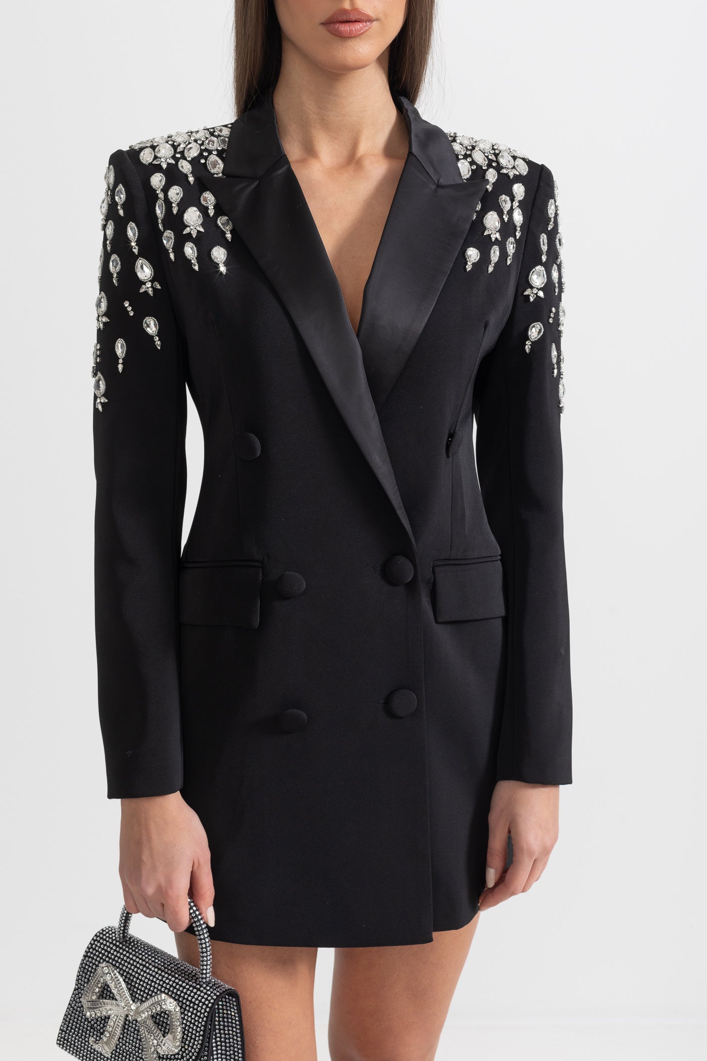 Blazer Elegante Com Ombros Decorados com Diamantes - Preto