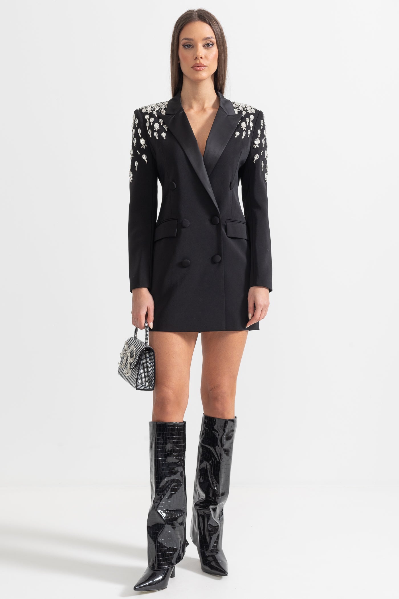 Blazer Elegante Com Ombros Decorados com Diamantes - Preto