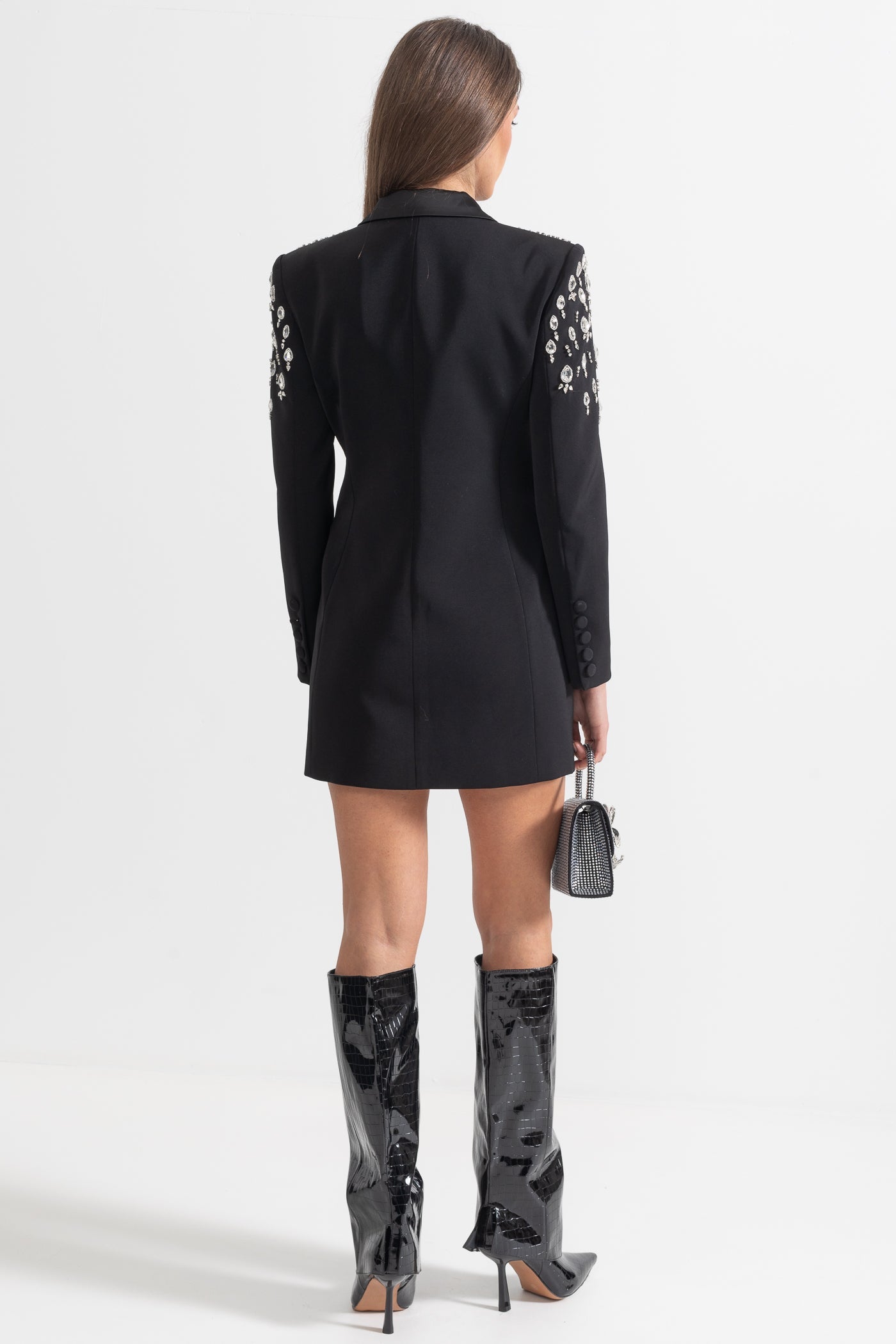 Blazer Elegante Com Ombros Decorados com Diamantes - Preto
