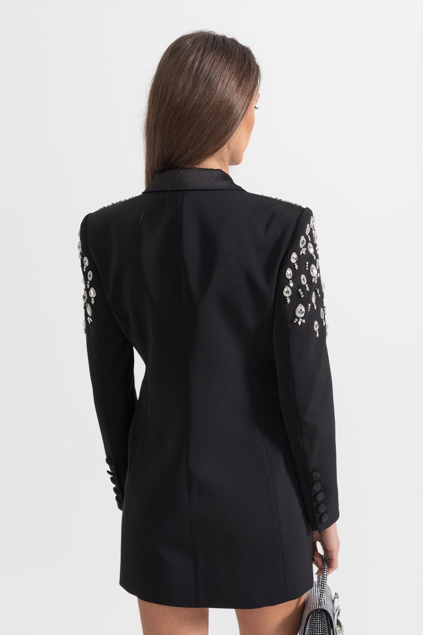 Blazer Elegante Com Ombros Decorados com Diamantes - Preto