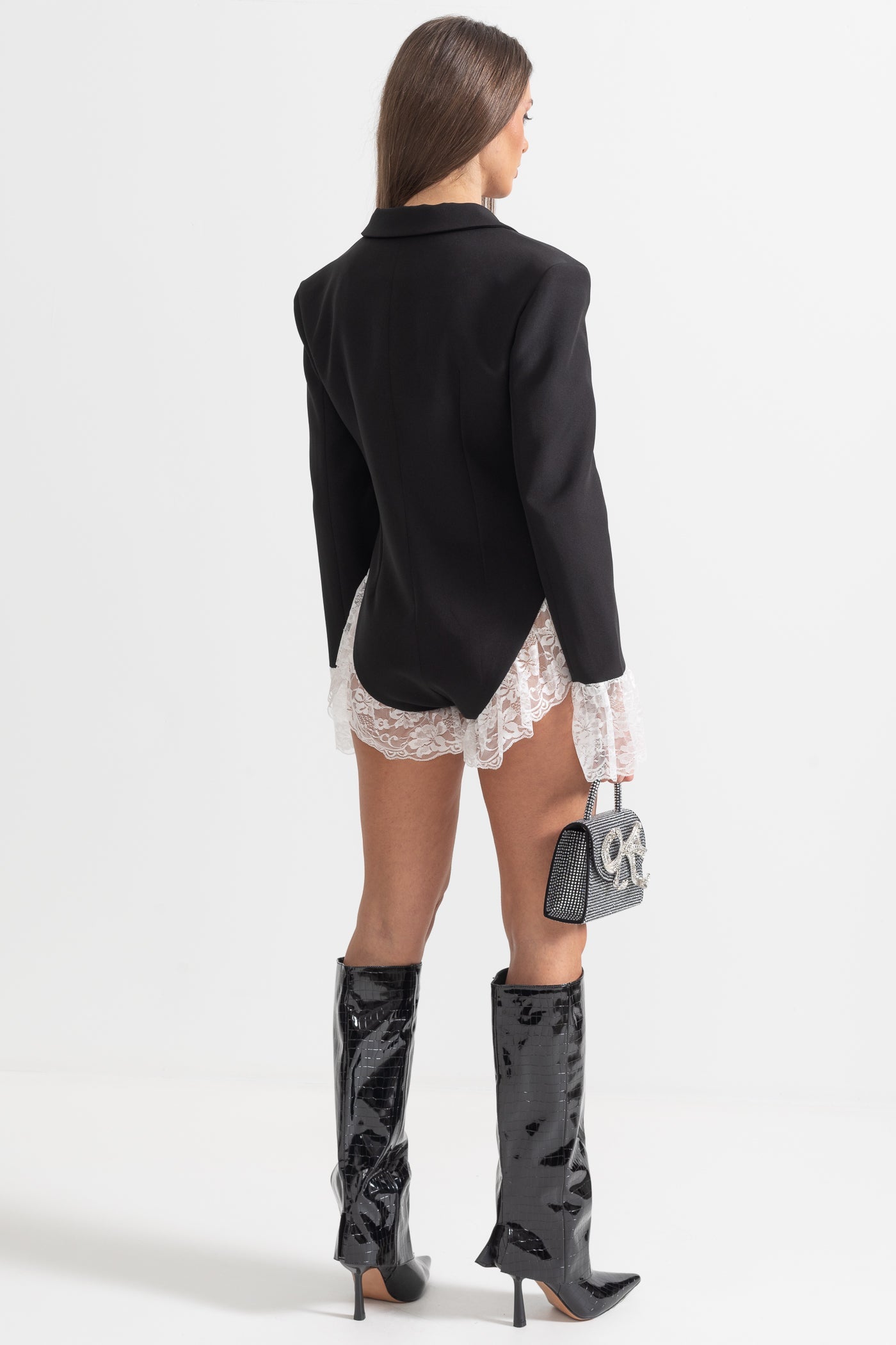 Body de Blazer Elegante com Renda Branca - Preto