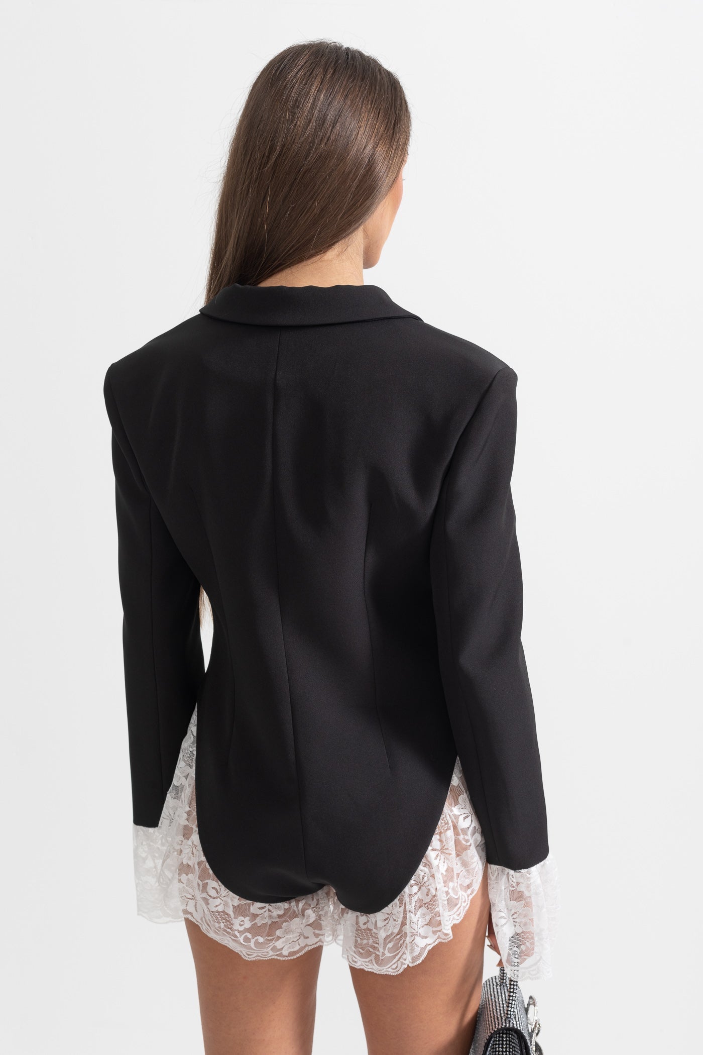 Body de Blazer Elegante com Renda Branca - Preto