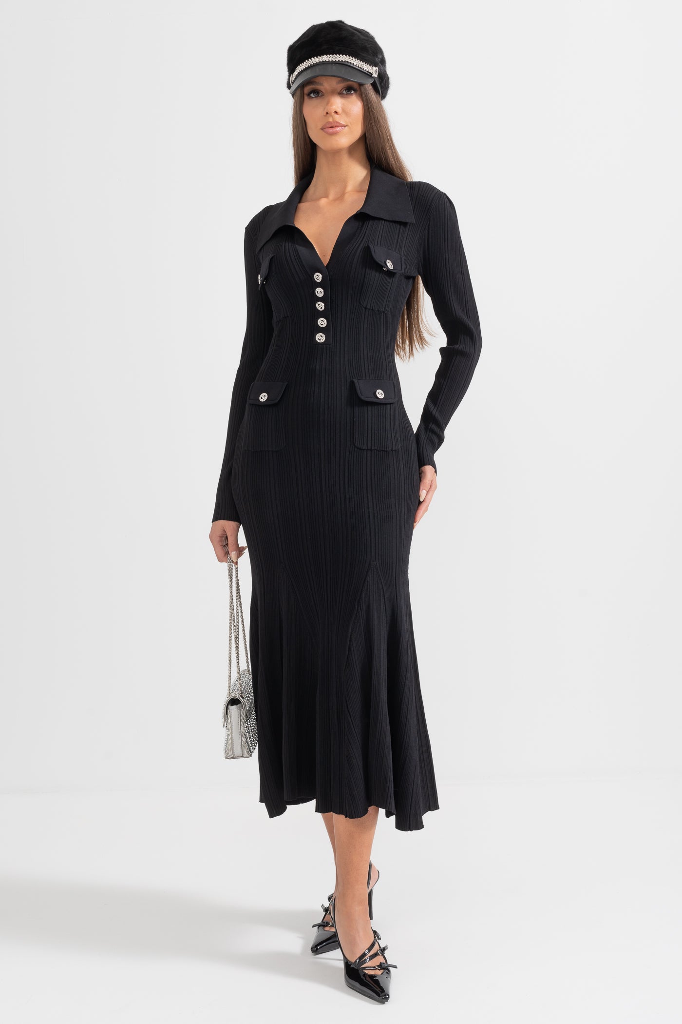 Vestido Elegante Canellado Com Mangas Longas - Preto