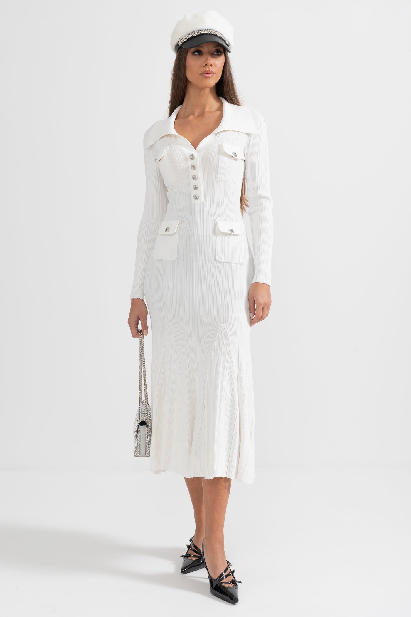 Vestido Elegante Canelado Com Mangas Longas - Branco