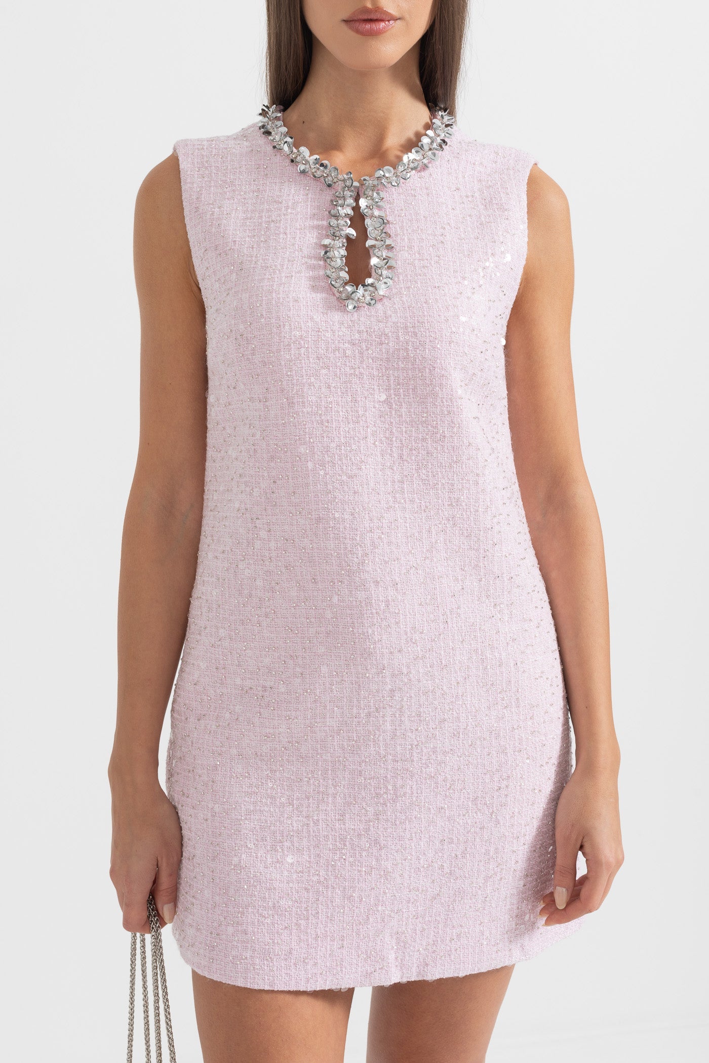 Vestido Mini Texturizado Sem Mangas Com Detalhes de Colar Brilhante - Rosa