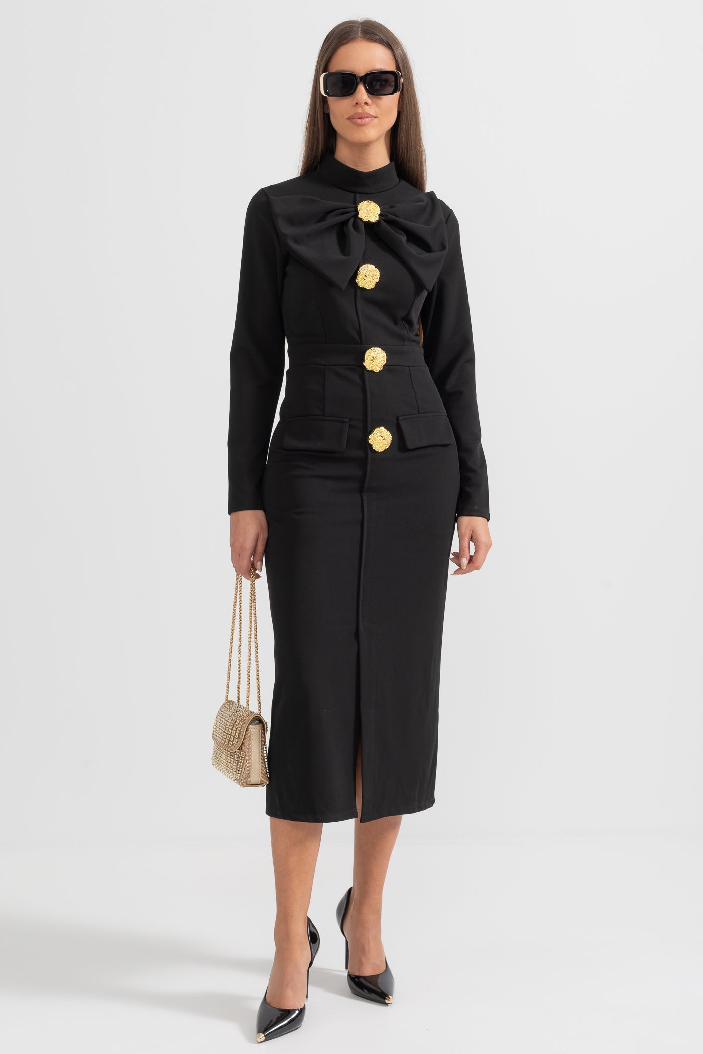 Vestido Elegante com Gola Laço de Manga Longa - Preto