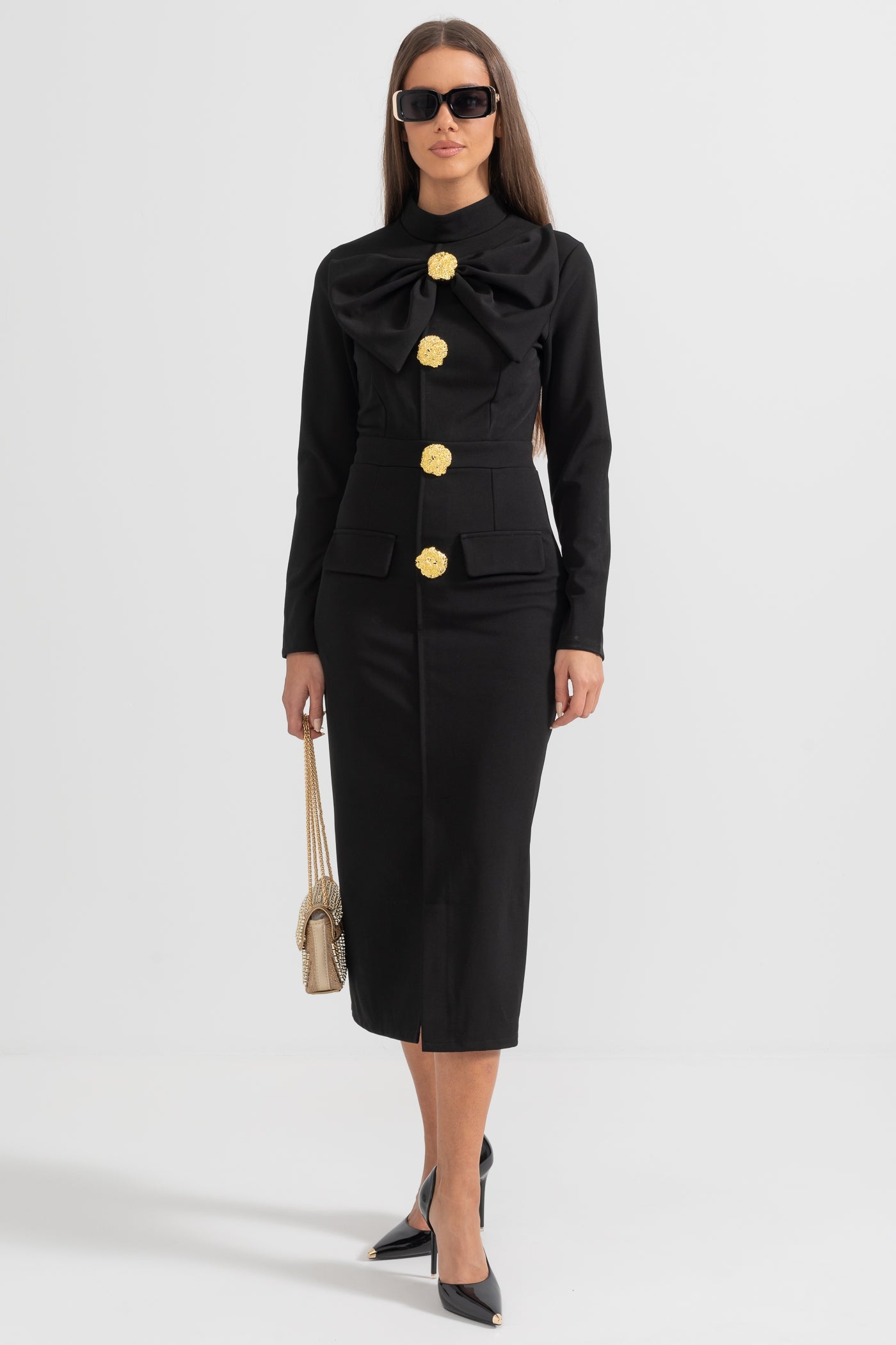Vestido Elegante com Gola Laço de Manga Longa - Preto