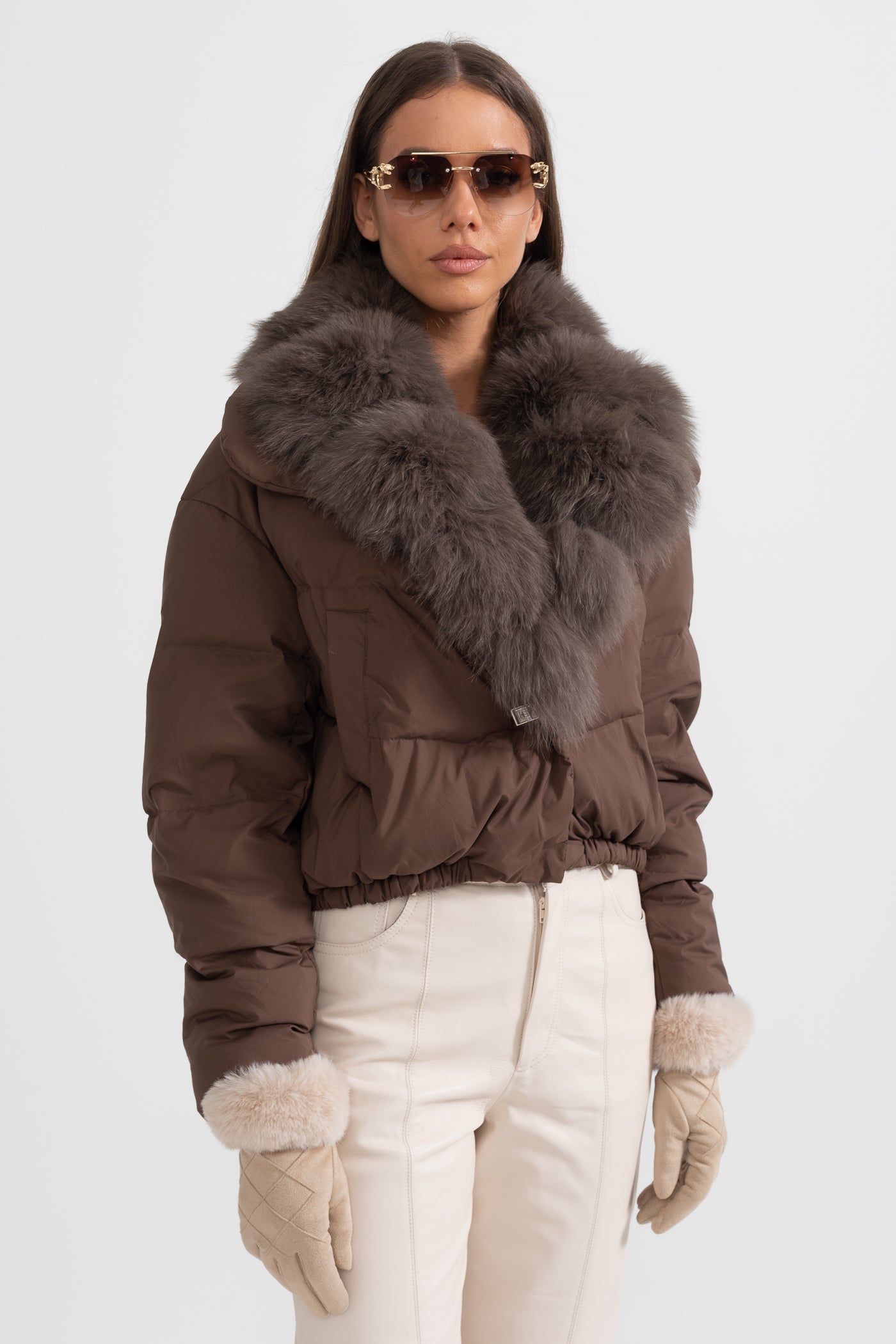 Casaco Puffer Com Capuz Forrado de Pele de Raposa Castanha - Castanho