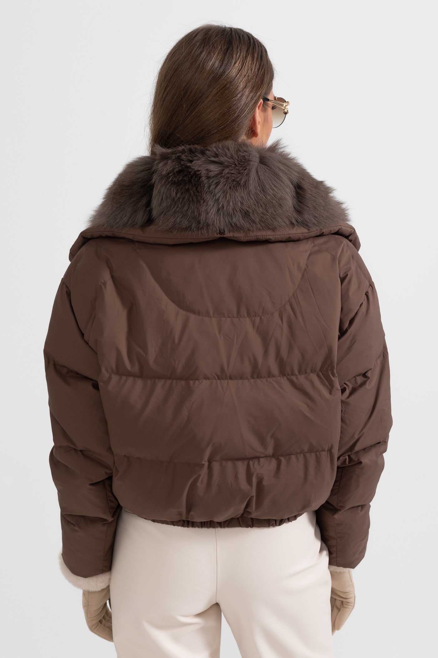 Casaco Puffer Com Capuz Forrado de Pele de Raposa Castanha - Castanho
