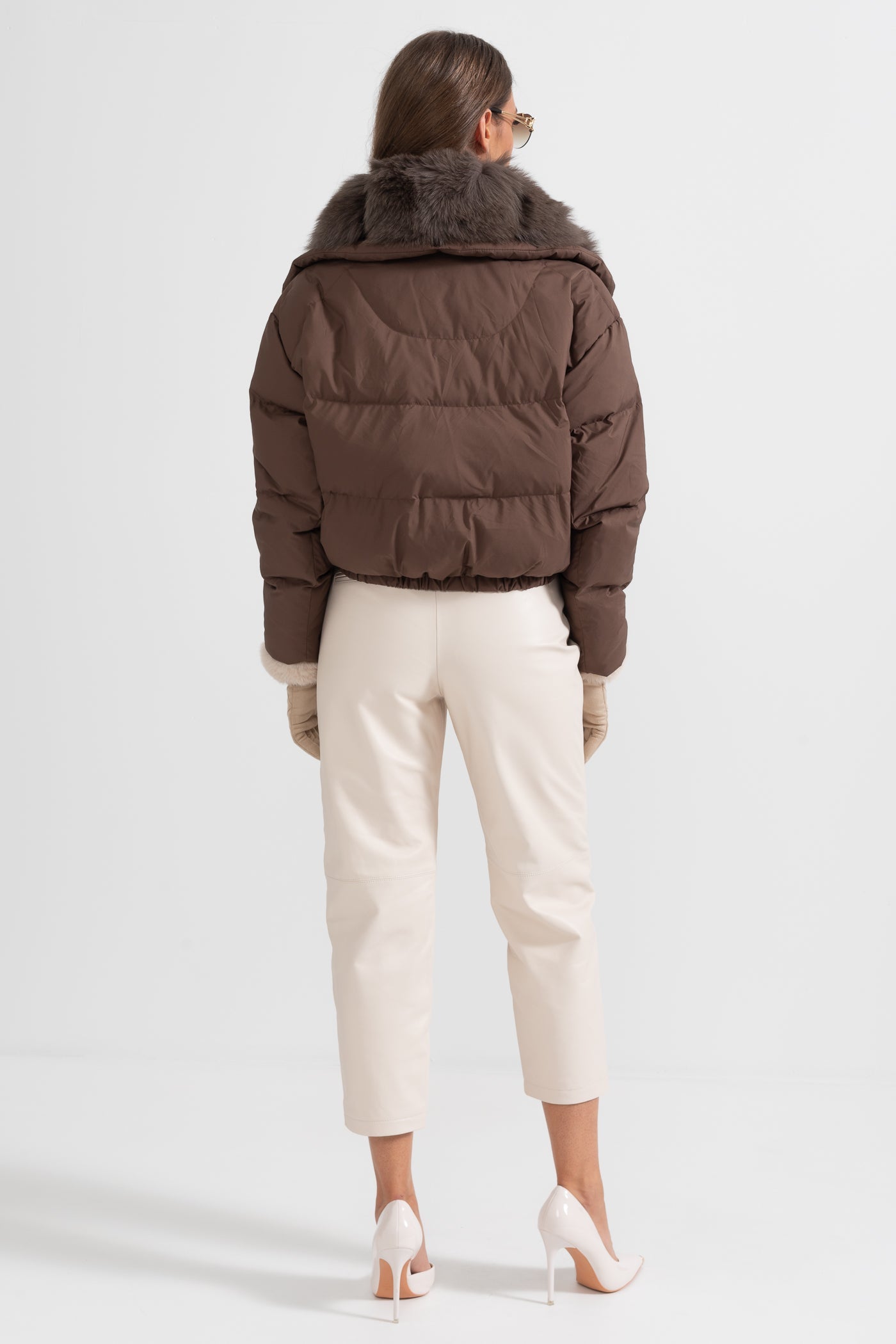 Casaco Puffer Com Capuz Forrado de Pele de Raposa Castanha - Castanho
